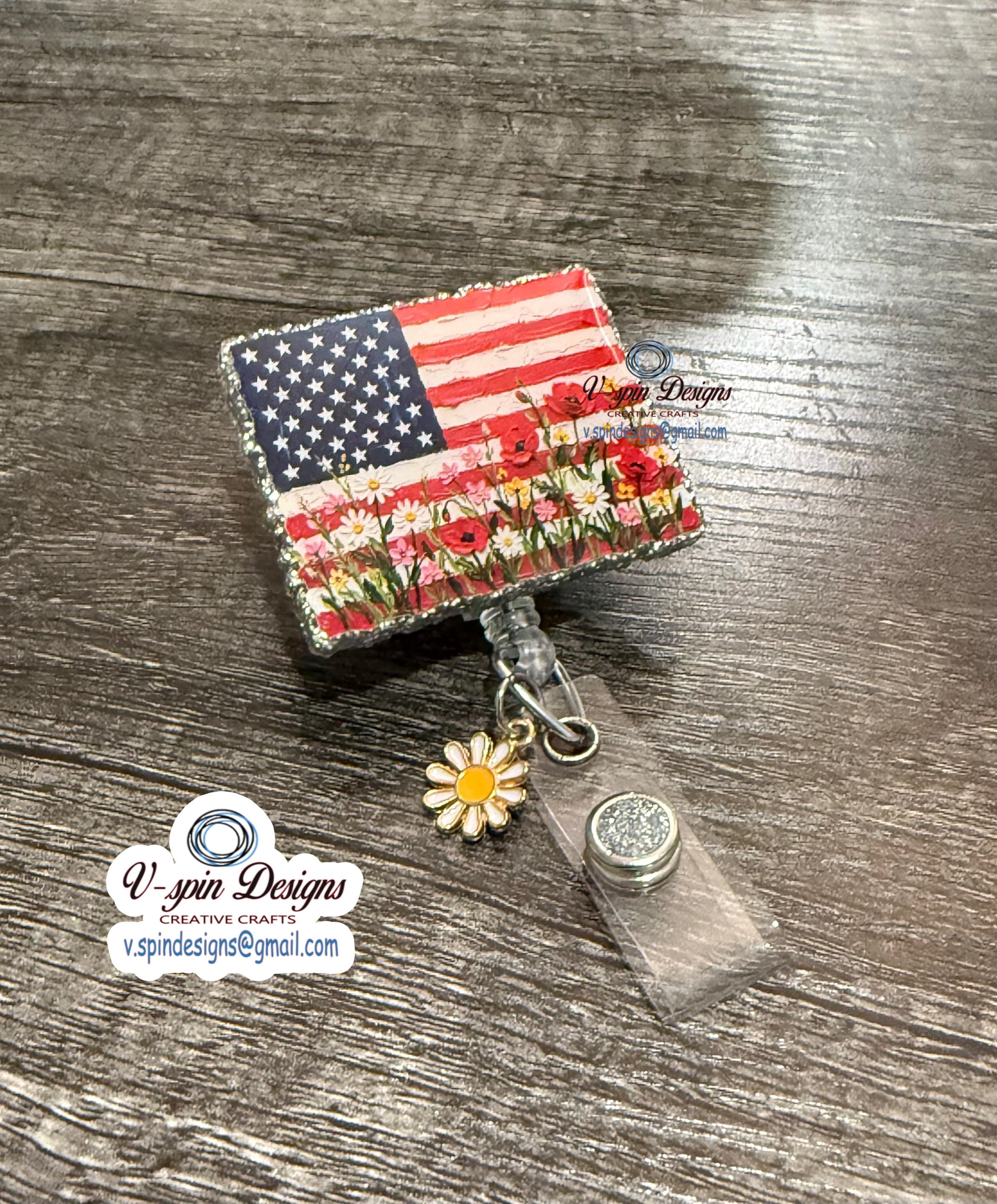 USA Flag Painted Flower Badge Reel | Patriotic Silver Glitter Retractable ID Holder