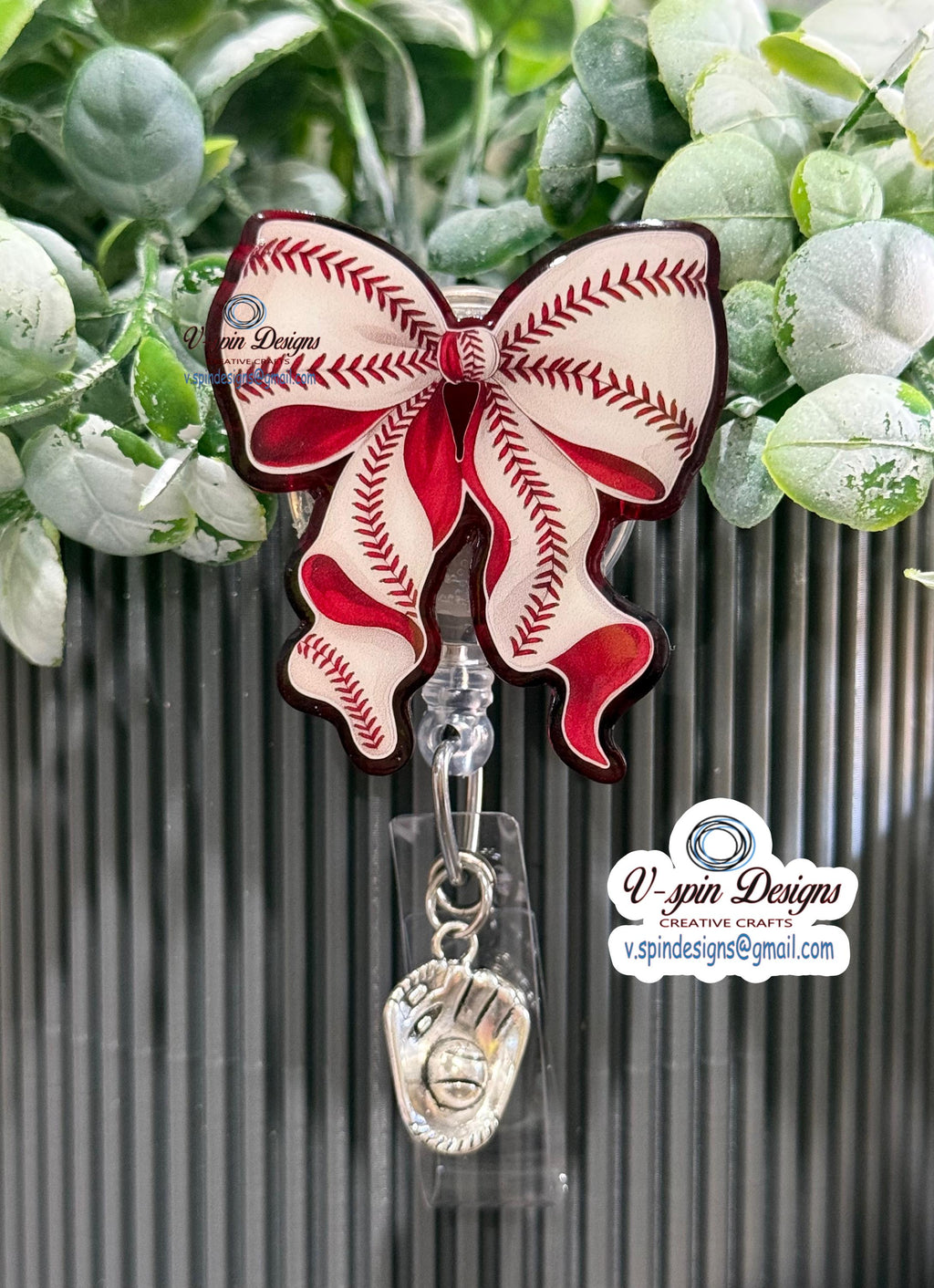 Baseball Bow Badge Reel | Sports Fan Retractable Acrylic ID Holder