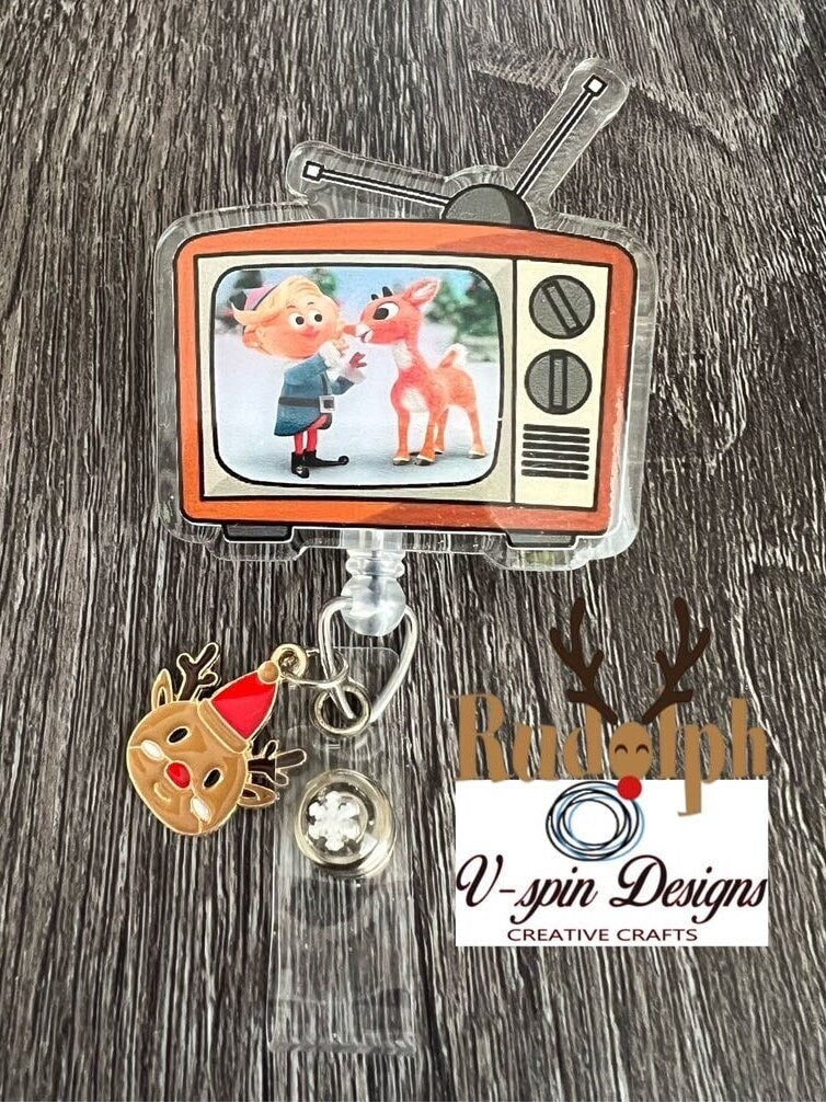 Retro TV Christmas Classics Badge Reel | Holiday Retractable Acrylic ID Holder