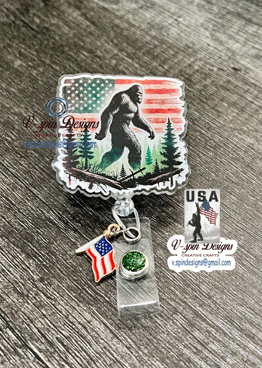 American Bigfoot Badge Reel: Patriotic Funny Acrylic ID Holder