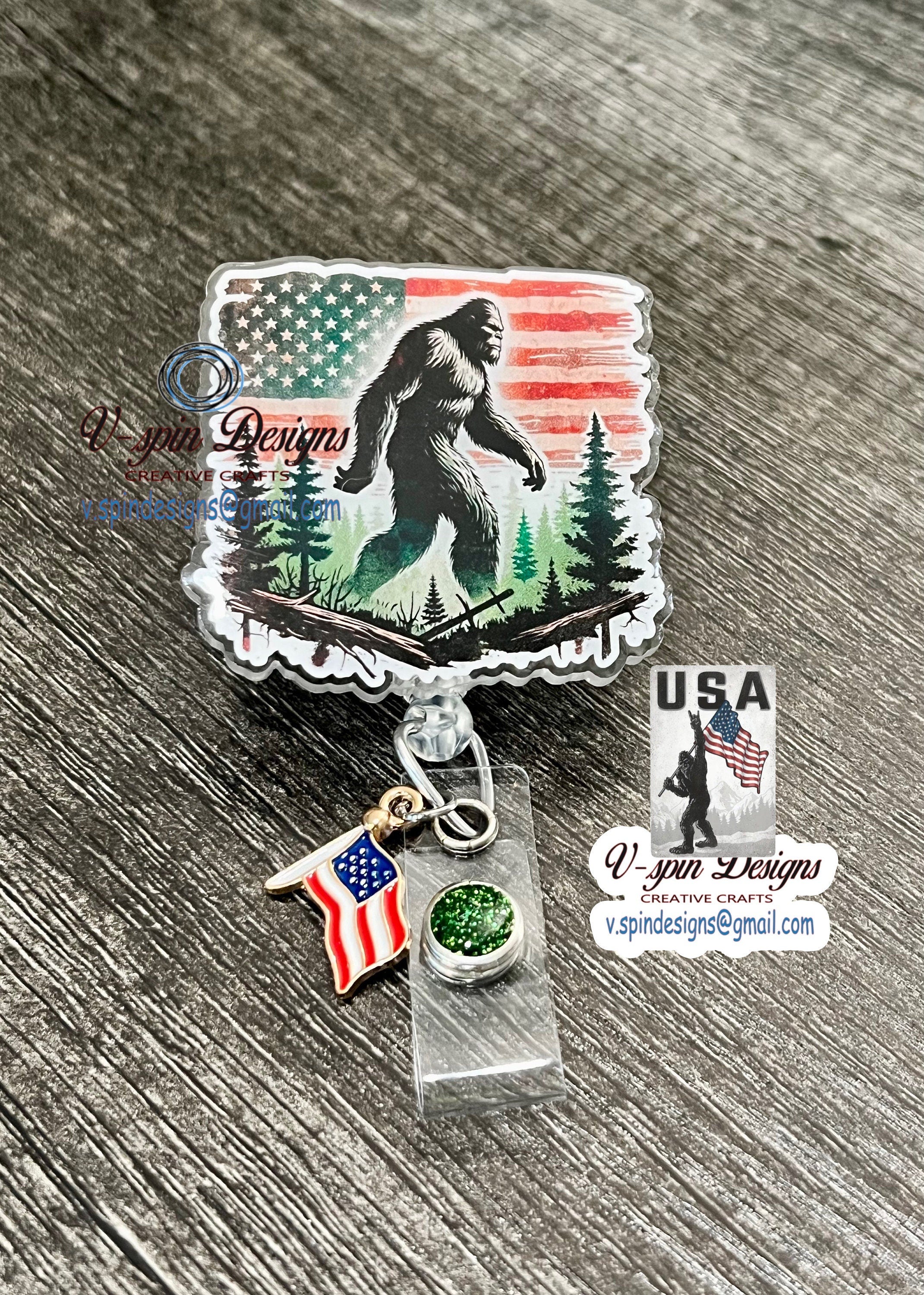 American Bigfoot Badge Reel: Patriotic Funny Acrylic ID Holder