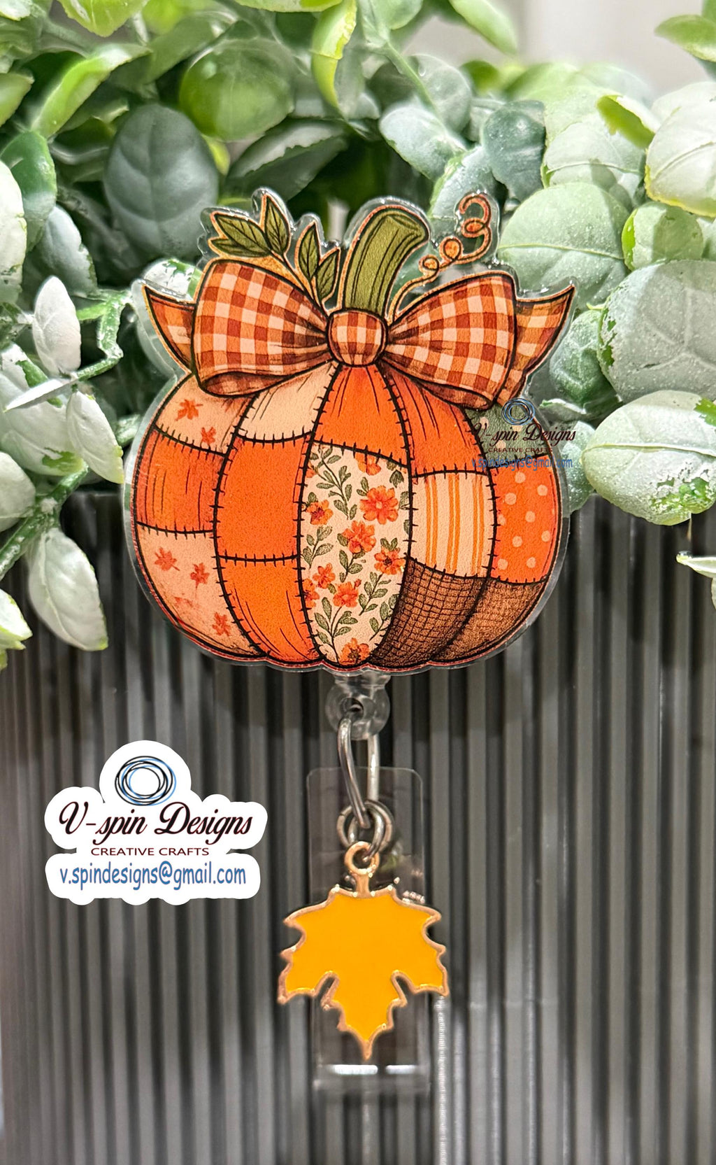 Vintage Patchwork Pumpkin Badge Reel | Fall Retractable Acrylic ID Holder