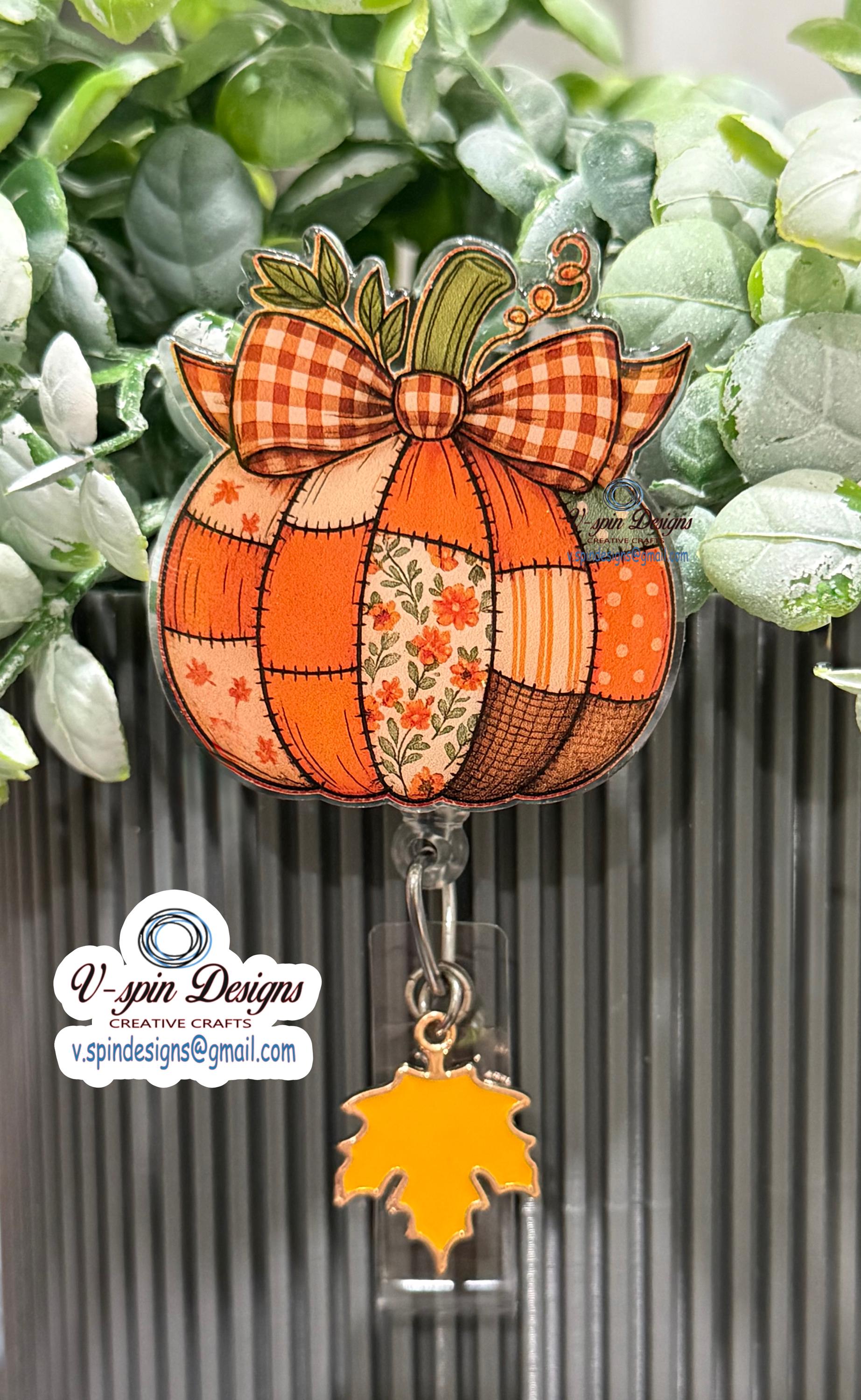 Vintage Patchwork Pumpkin Badge Reel | Fall Retractable Acrylic ID Holder