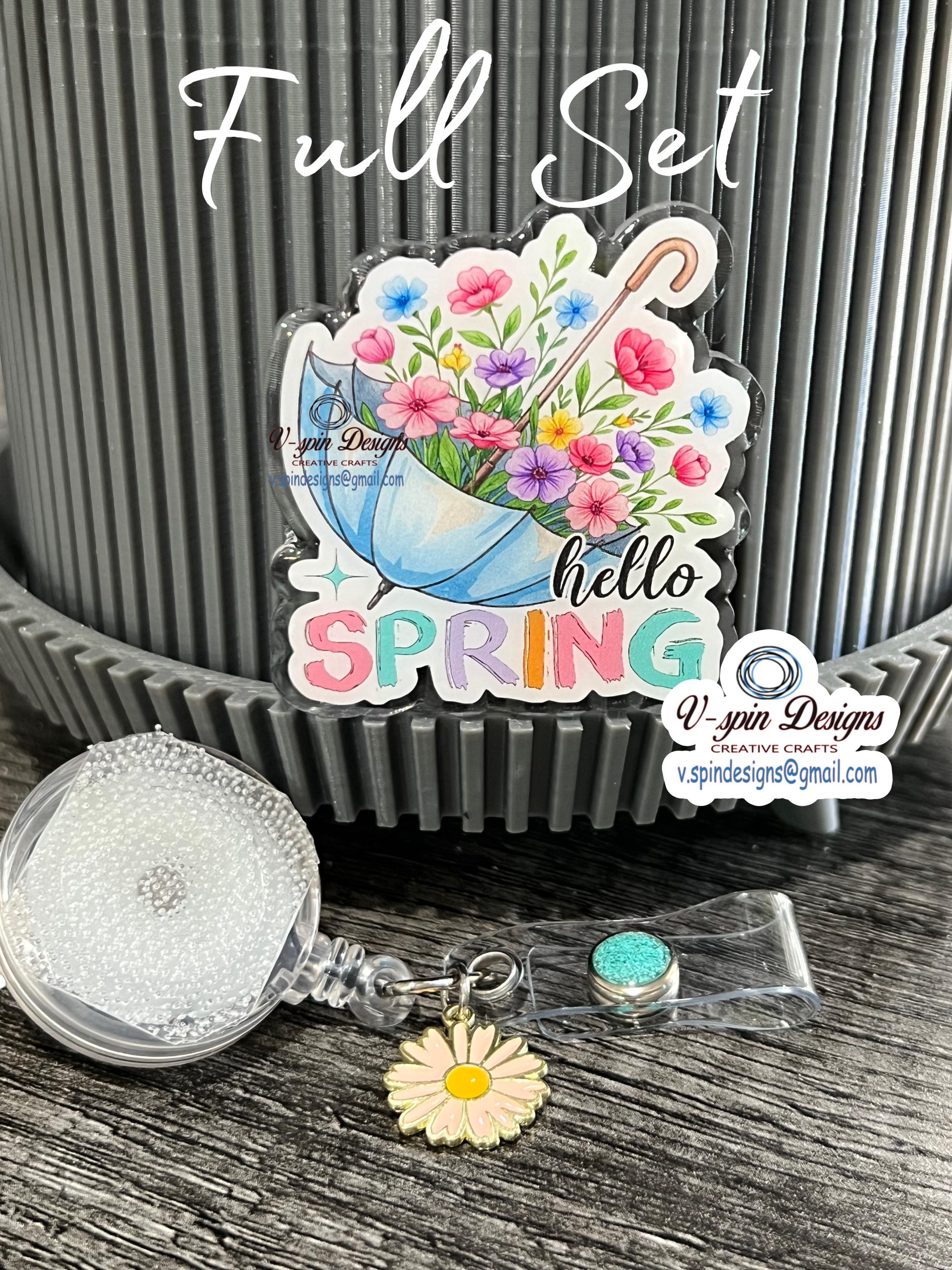 Hello Spring badge reel/ID Holder/nurses/teachers/Umbrella/flowers/badge reel toppers