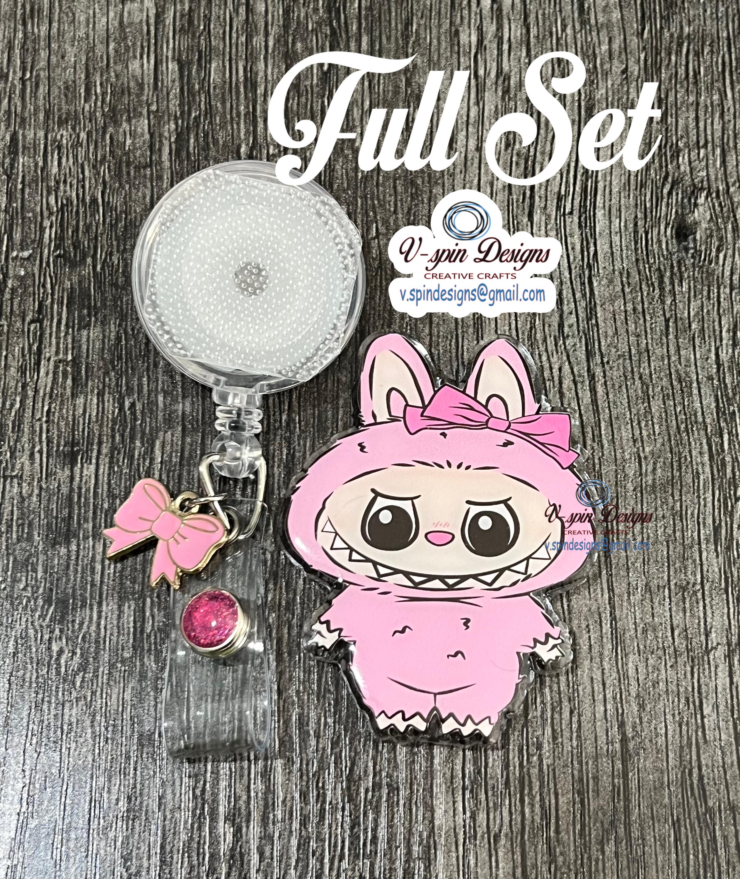 Pink Monster Badge Reel: Acrylic ID Holder with Bow/pop culture badge reels
