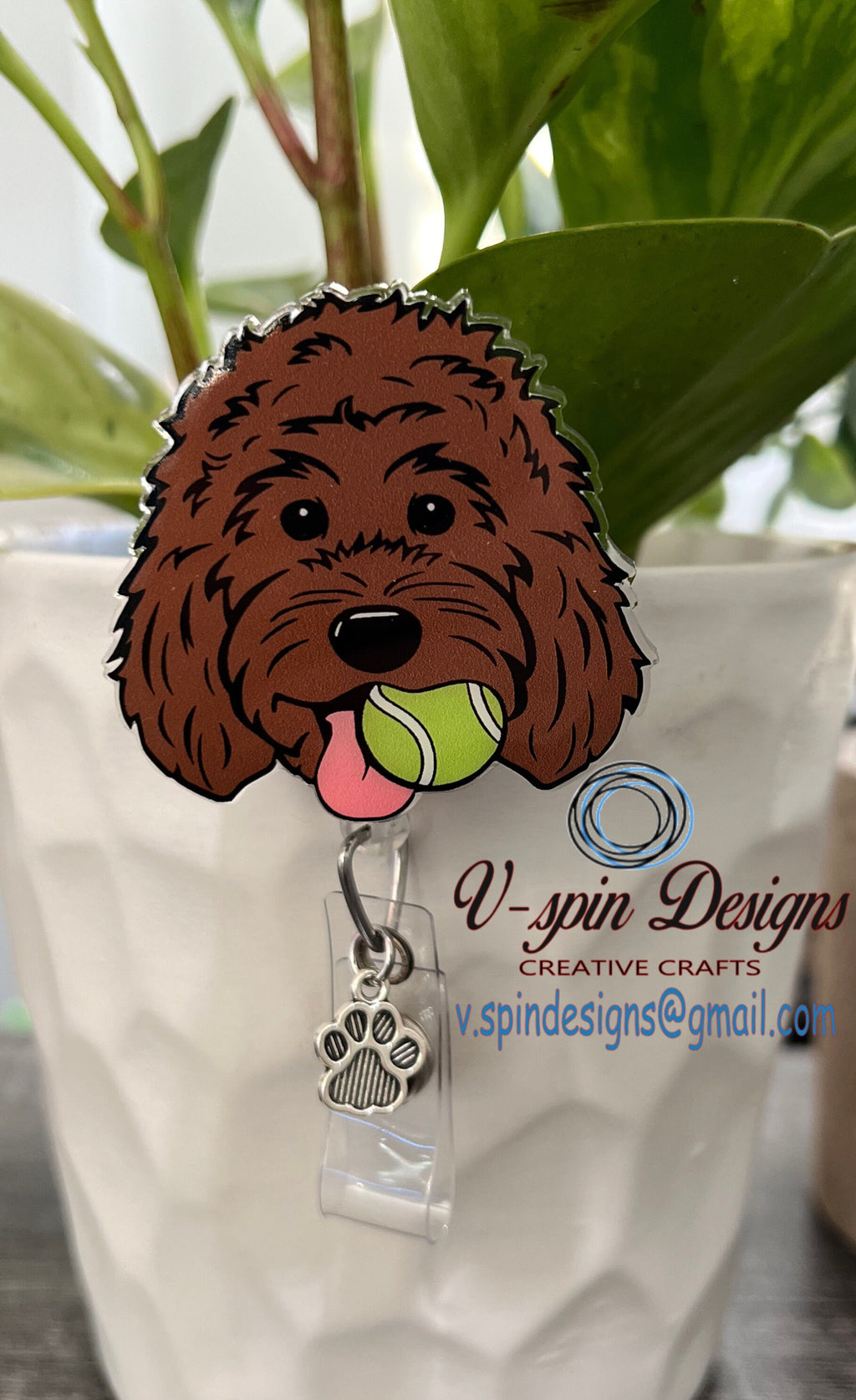 Doodle Dog with Tennis Ball Badge Reel | Retractable Acrylic ID Holder