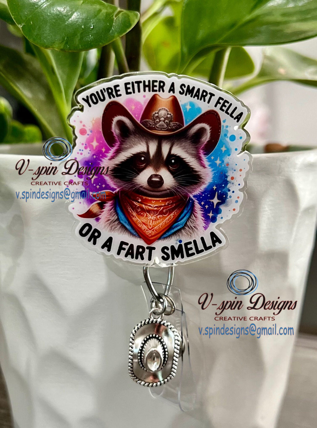 Funny Raccoon Badge Reel: "Smart Fella or Fart Smella" Acrylic ID Holder