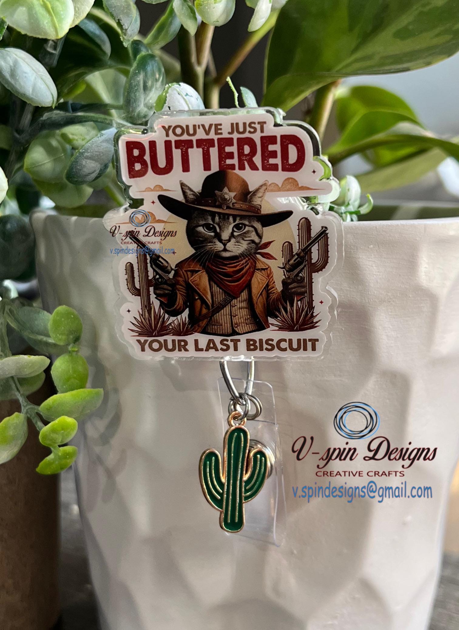 "You've Just Buttered Your Last Biscuit" Western Cat Badge Reel | Funny Retractable ID Holder