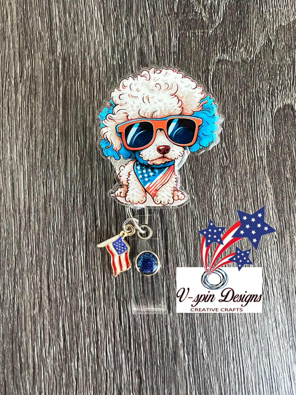 Patriotic Poodle Badge Reel, Charm, and Matching Snap