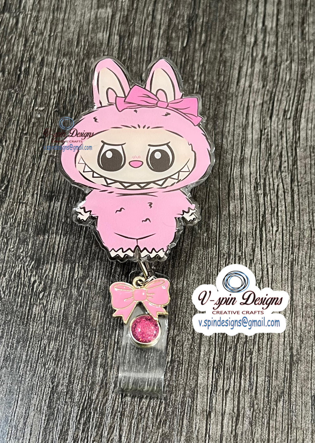 Pink Monster Badge Reel: Acrylic ID Holder with Bow/pop culture badge reels
