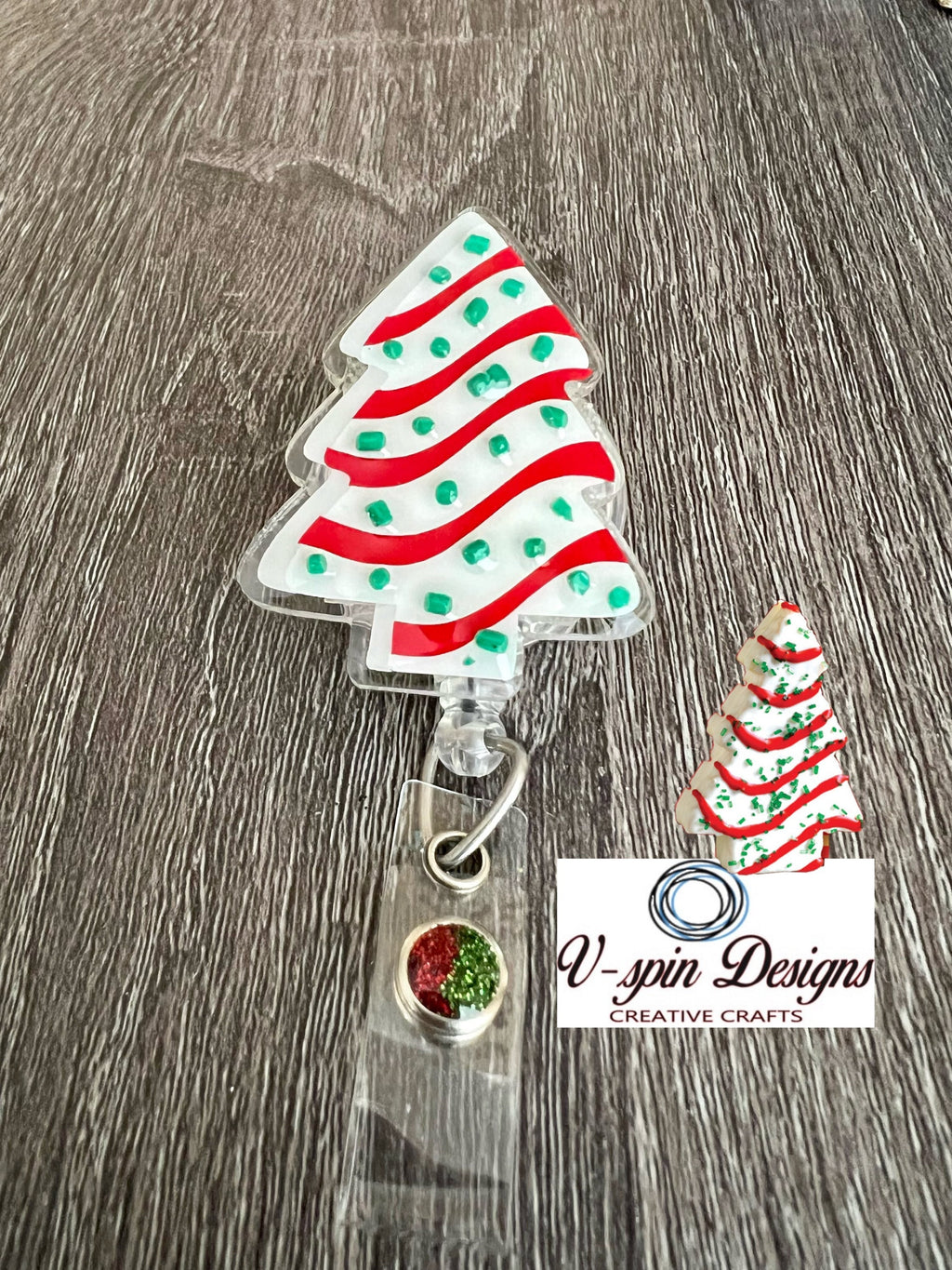 Christmas Tree Cake Badge Reel | 3D Holiday Retractable Acrylic ID Holder