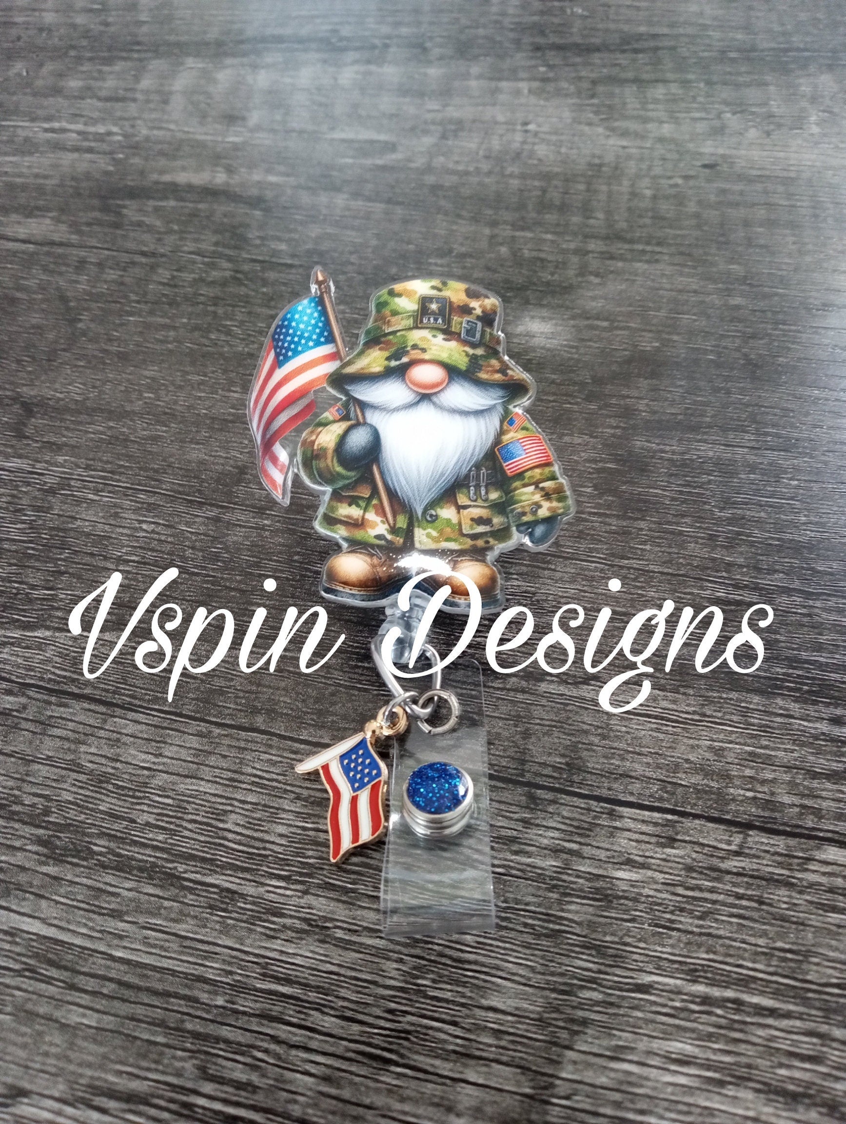 Military Gnome with Flag, badge reel/ID Holder/card holder/teachers/nurses/Hero/army/VA
