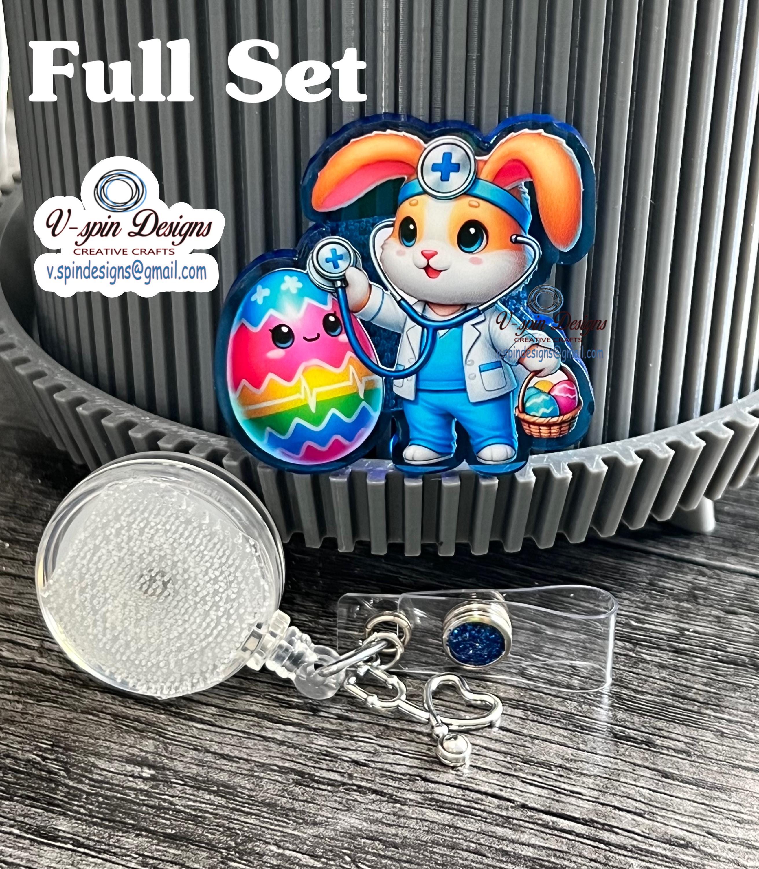 Easter Bunny Doctor & Nurse Badge Reel: Blue Acrylic Holiday ID Holder
