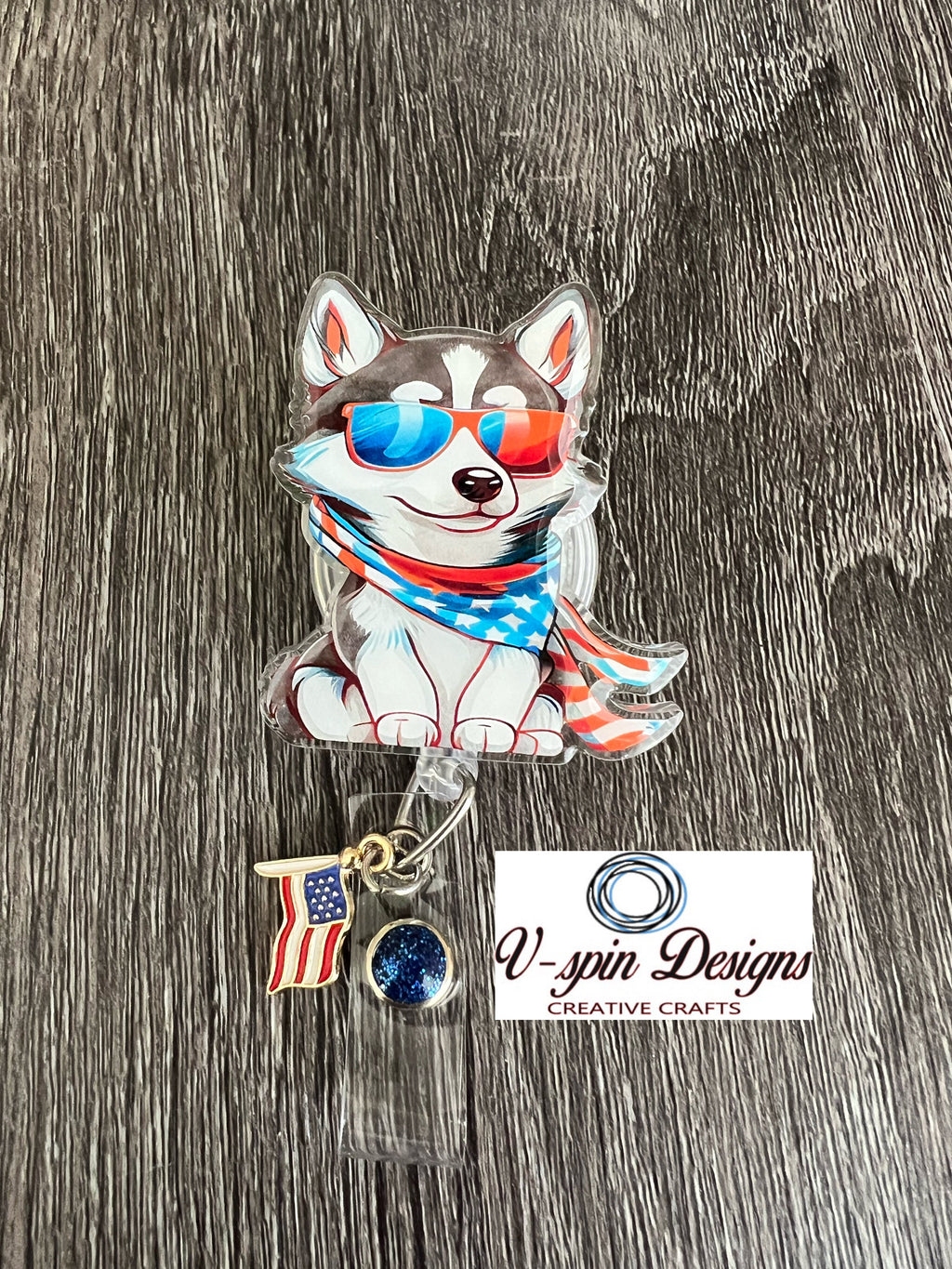 Patriotic Husky Dog Badge Reel | 4th of July Retractable ID Holder