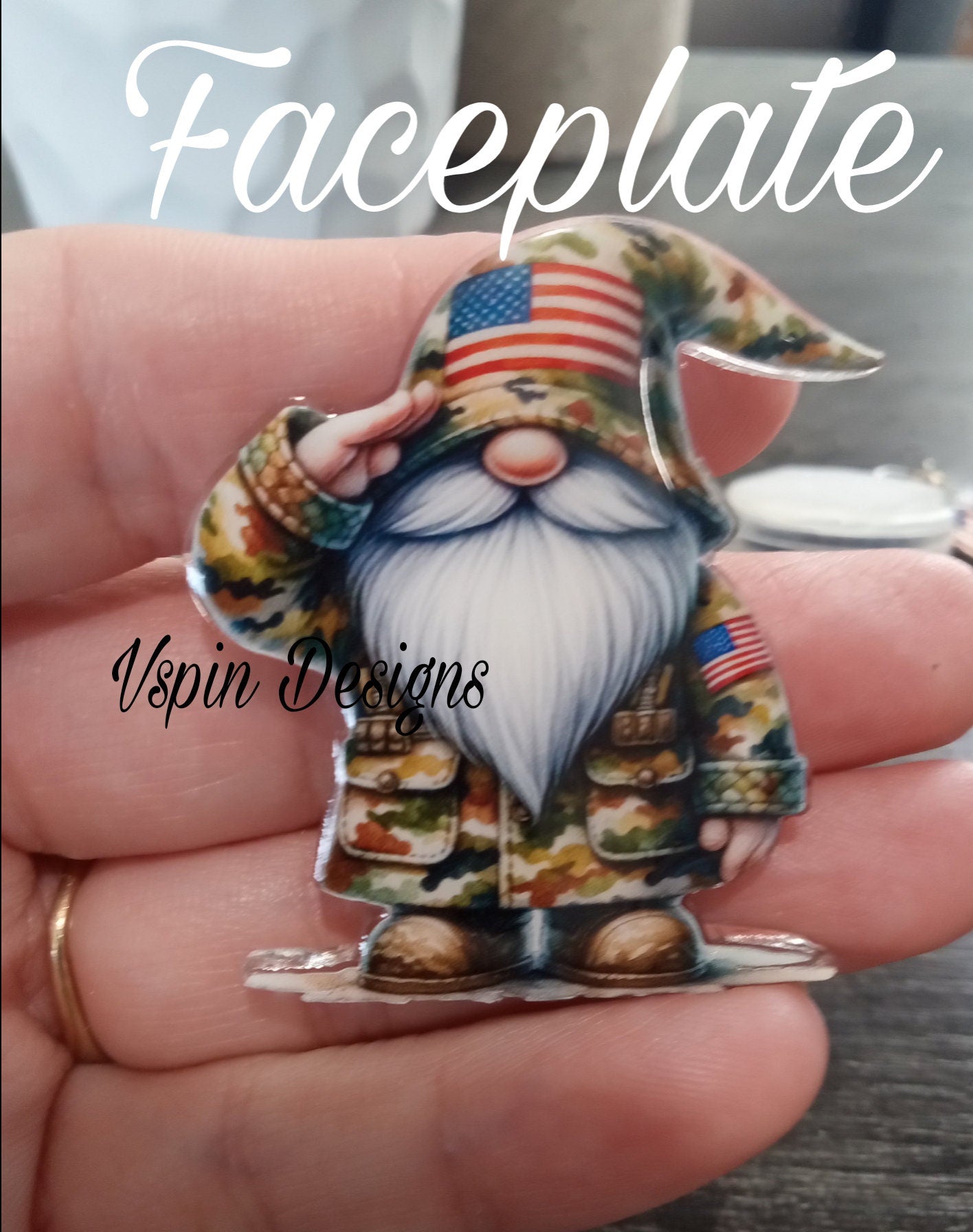 Military Gnome Saluting Badge Reel | Patriotic Retractable Acrylic ID Holder