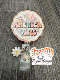 Retro America Vibes Badge Reel, Floral Charm, Interchangeable Face