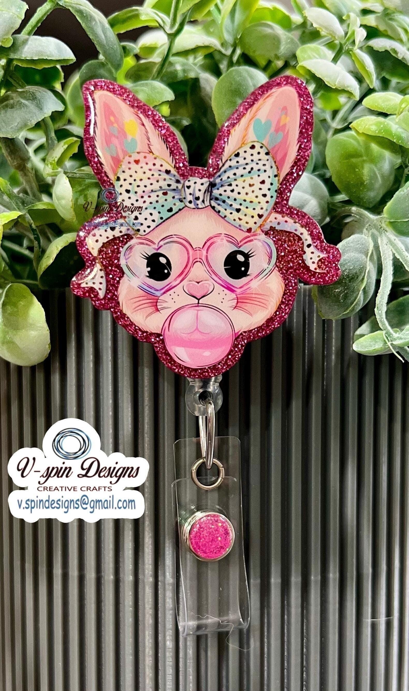 Easter Bunny Acrylic Badge Reel: Pink Glitter ID Holder