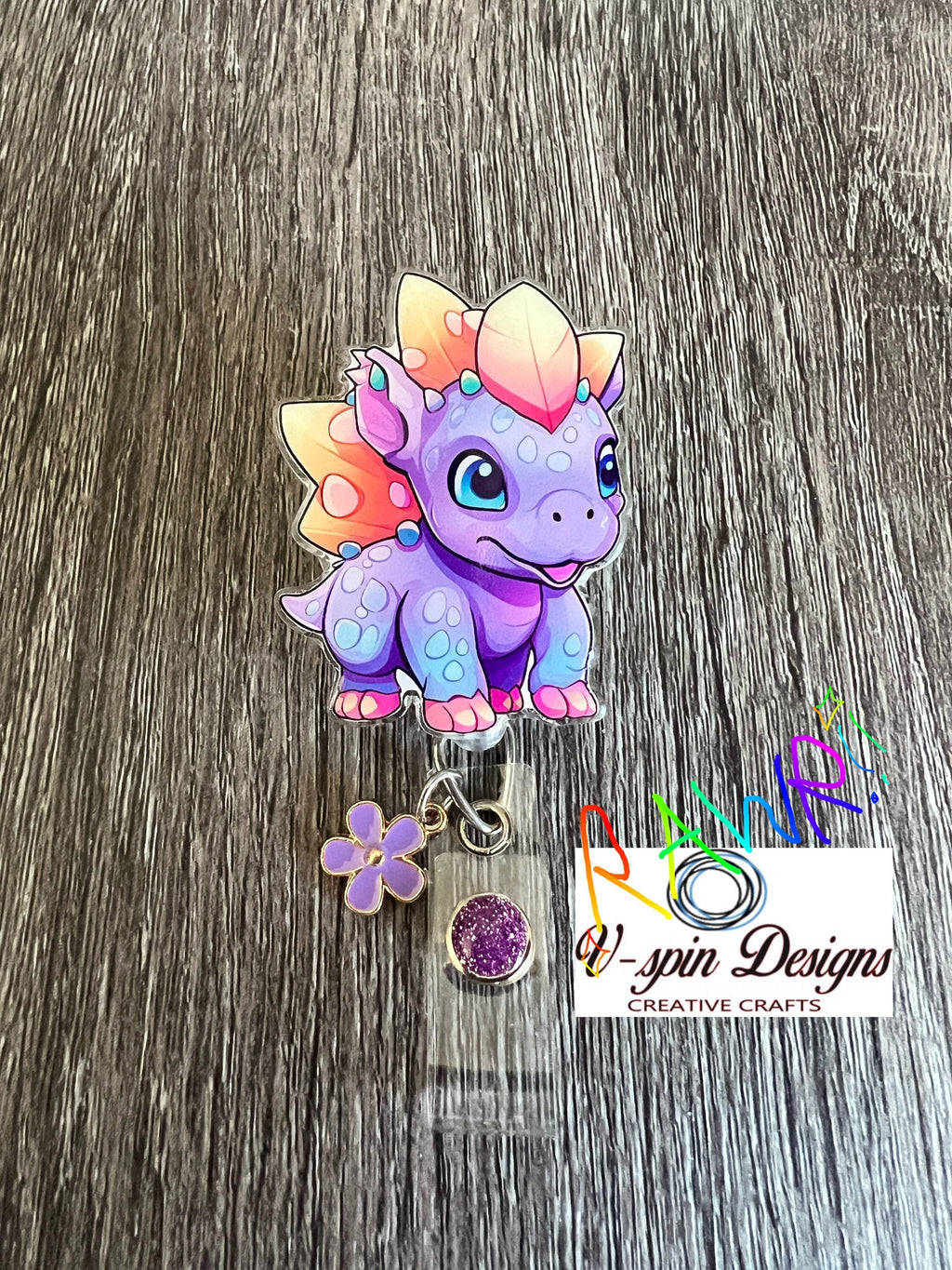 Cute Purple Dinosaur Retractable Badge Reel, ID Holder
