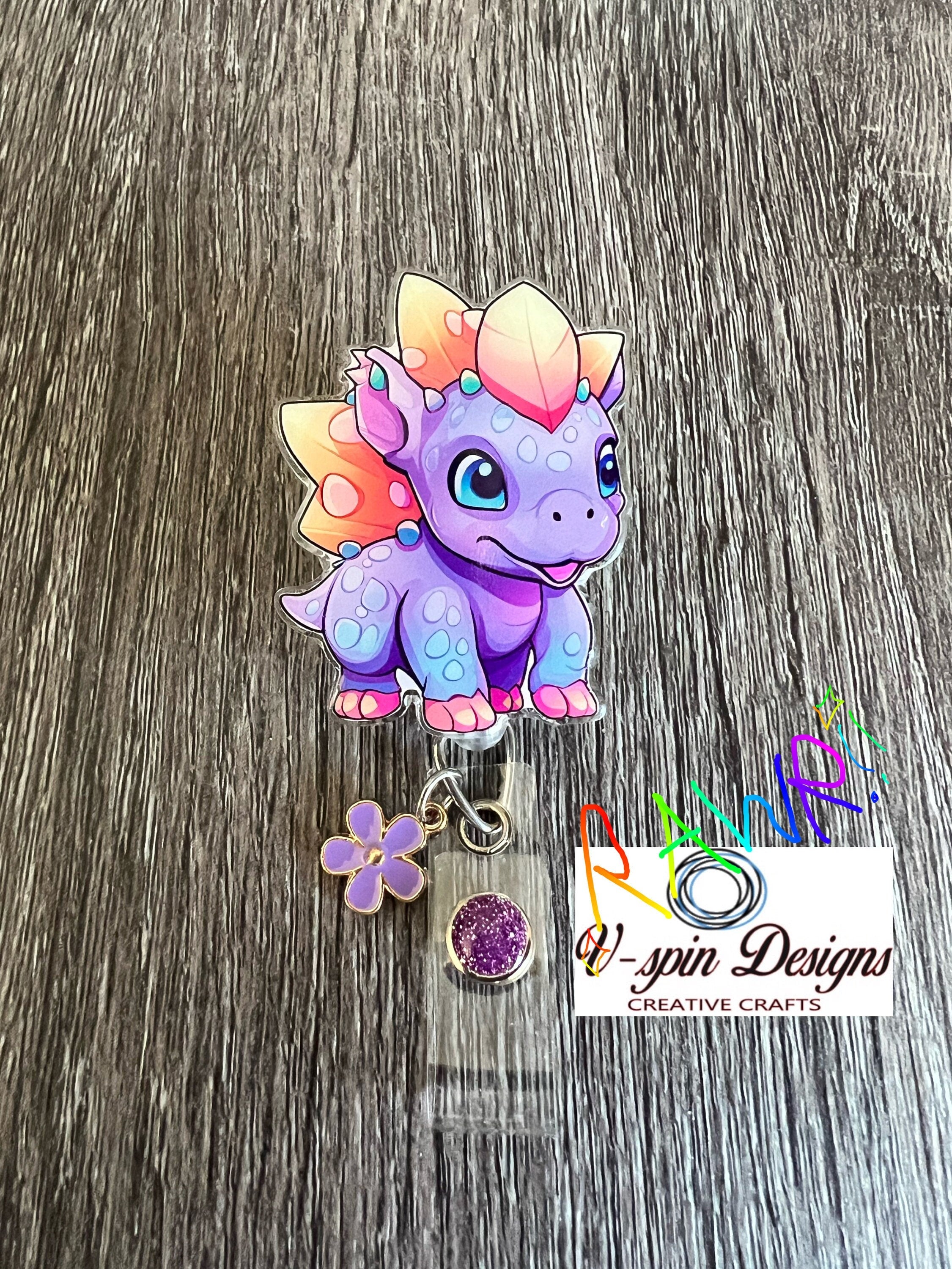 Cute Purple Dinosaur Retractable Badge Reel, ID Holder
