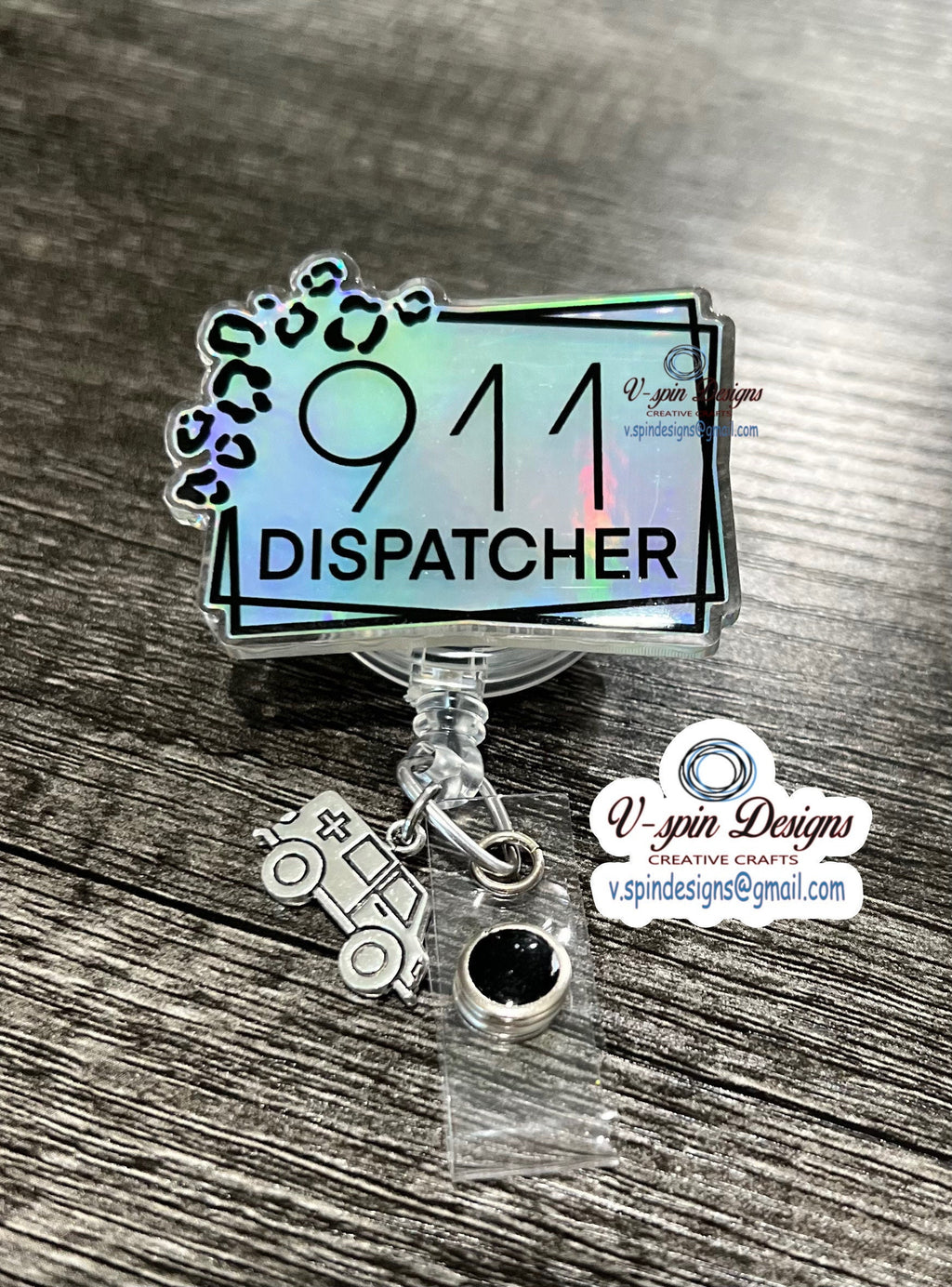 1.9” Acrylic- 911 Dispatcher badge reel/ID Holder/card holder/911 emergency