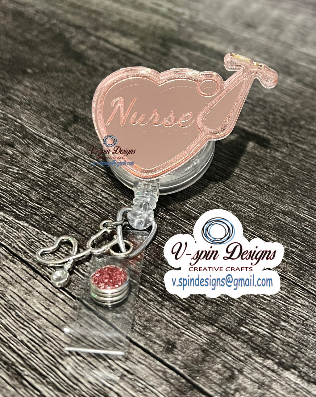 Personalized Rose Gold Stethoscope Badge Reel: Mirrored Acrylic Nurse ID Holder