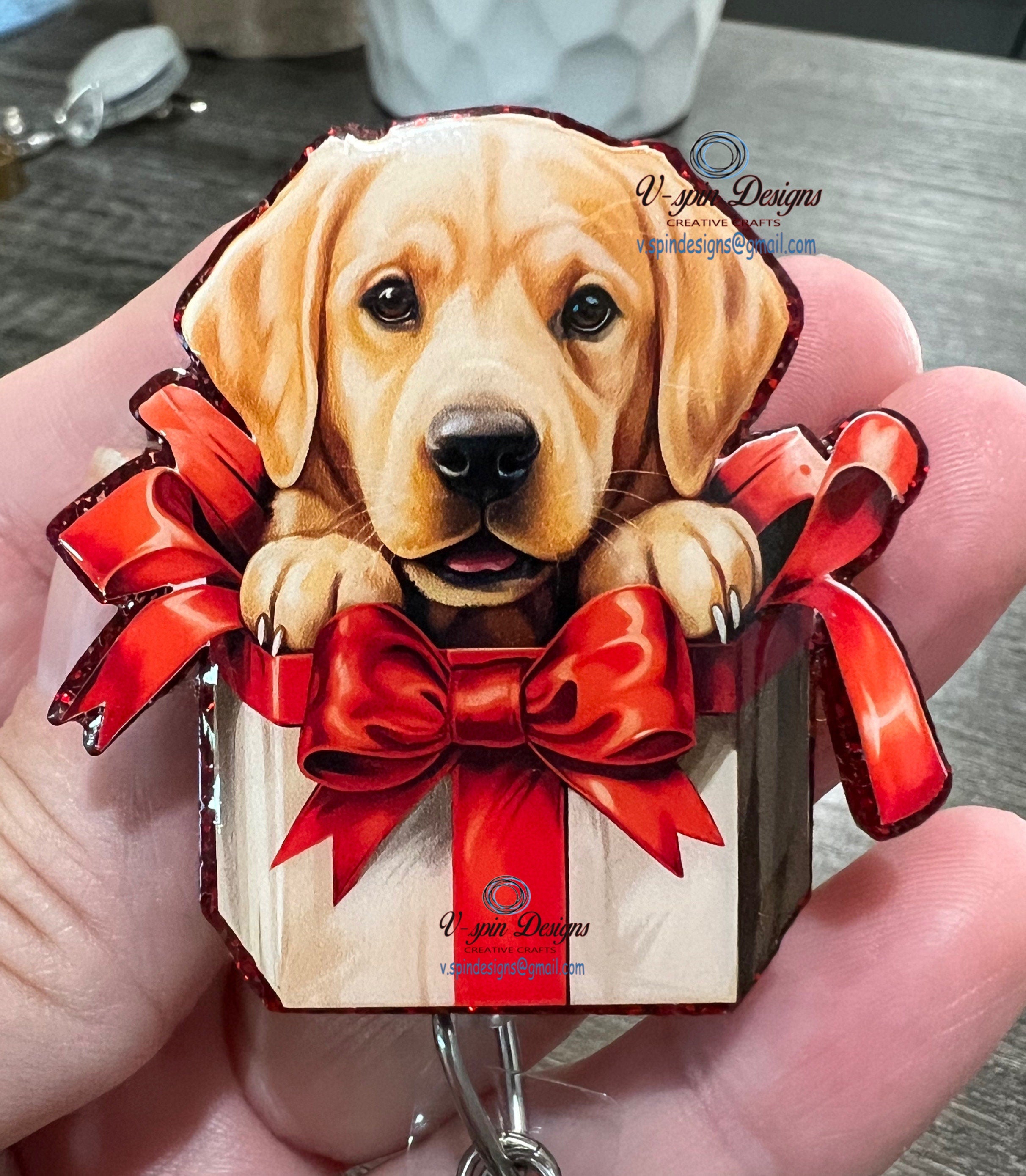 Labrador Retriever Christmas Puppy Badge Reel | Holiday Retractable Acrylic ID Holder