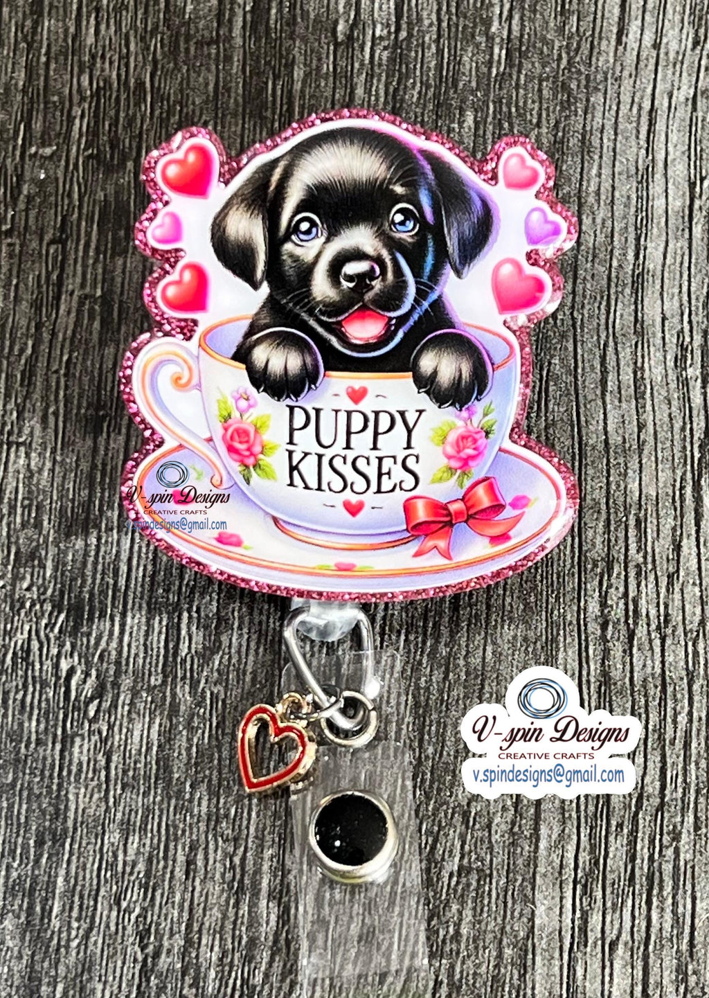 Black Lab Valentine Tea Cup Badge Reel | Retractable Acrylic ID Holder