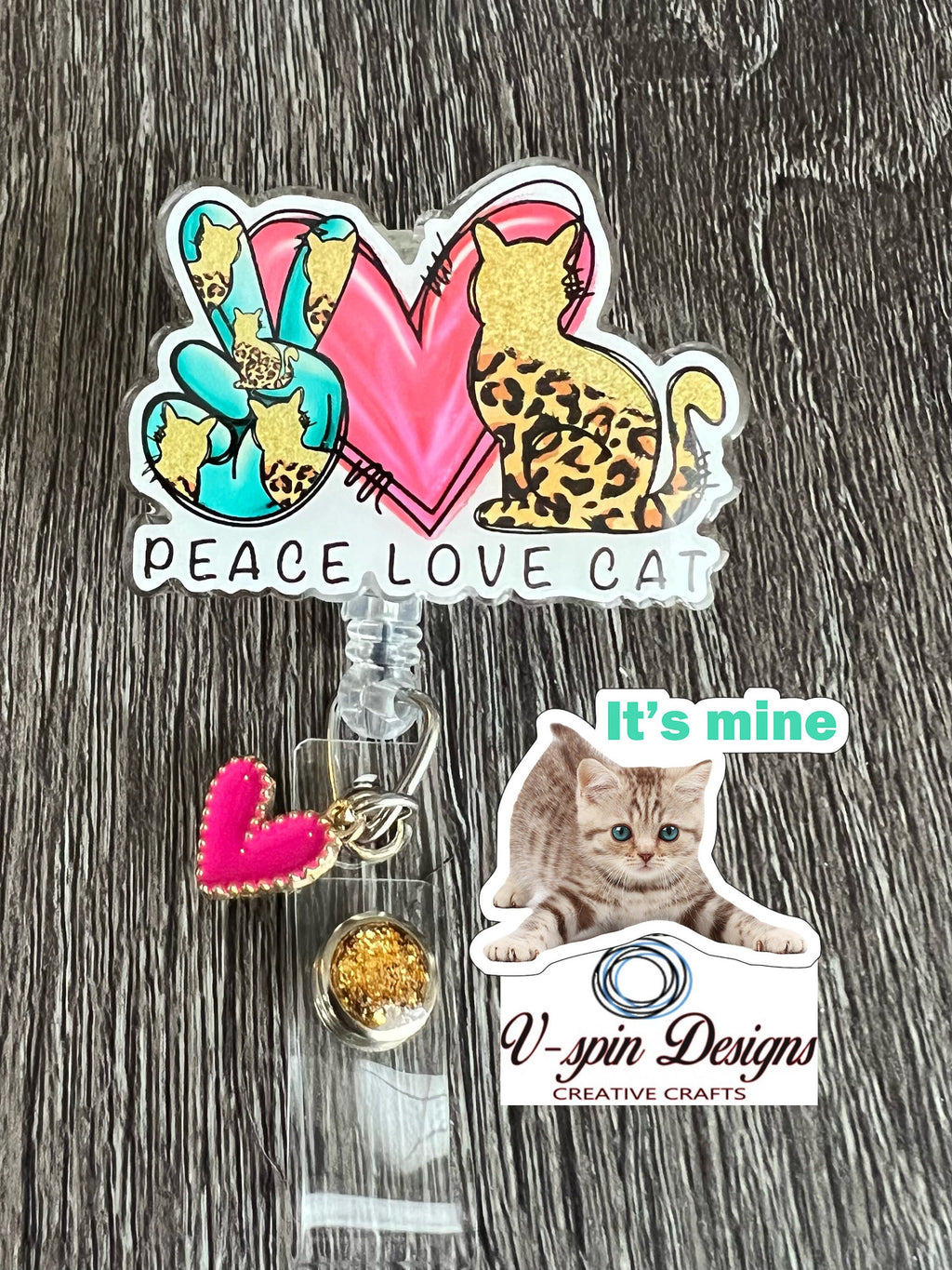 Peace Love Cat Badge Reel | Retractable Acrylic ID Holder