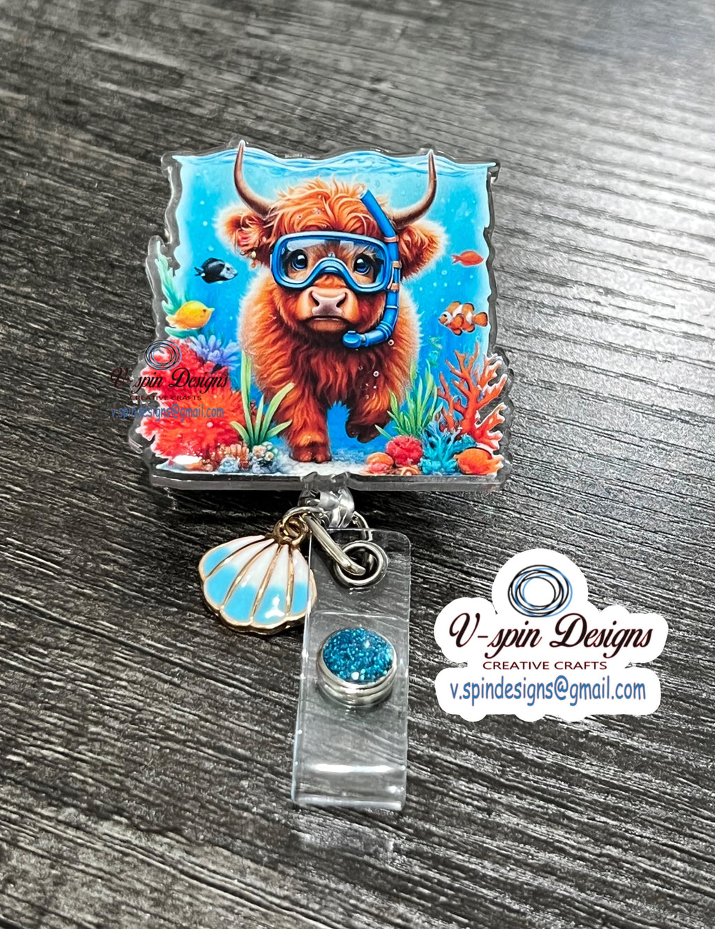 Snorkeling Highland Cow Badge Reel: Summer ID Holder