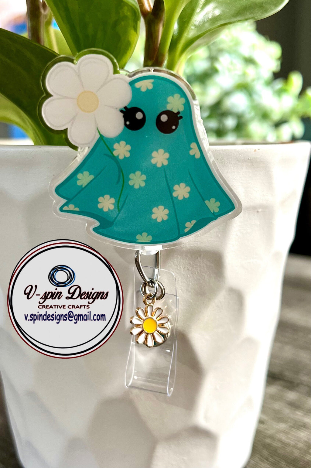 Spring Ghost with Daisies Badge Reel | Retractable Acrylic ID Holder