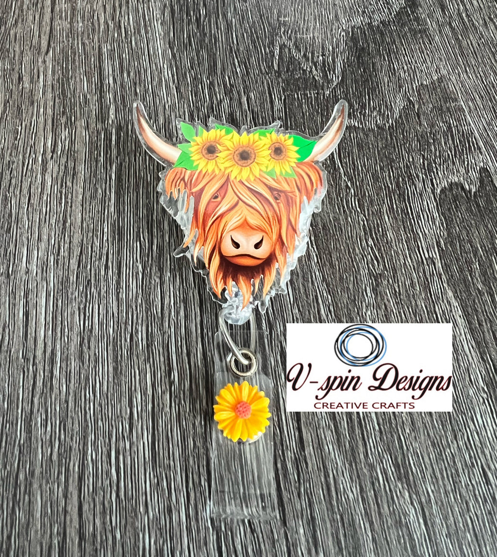 Highland Cow Sunflowers Badge Reel | Retractable Acrylic ID Holder