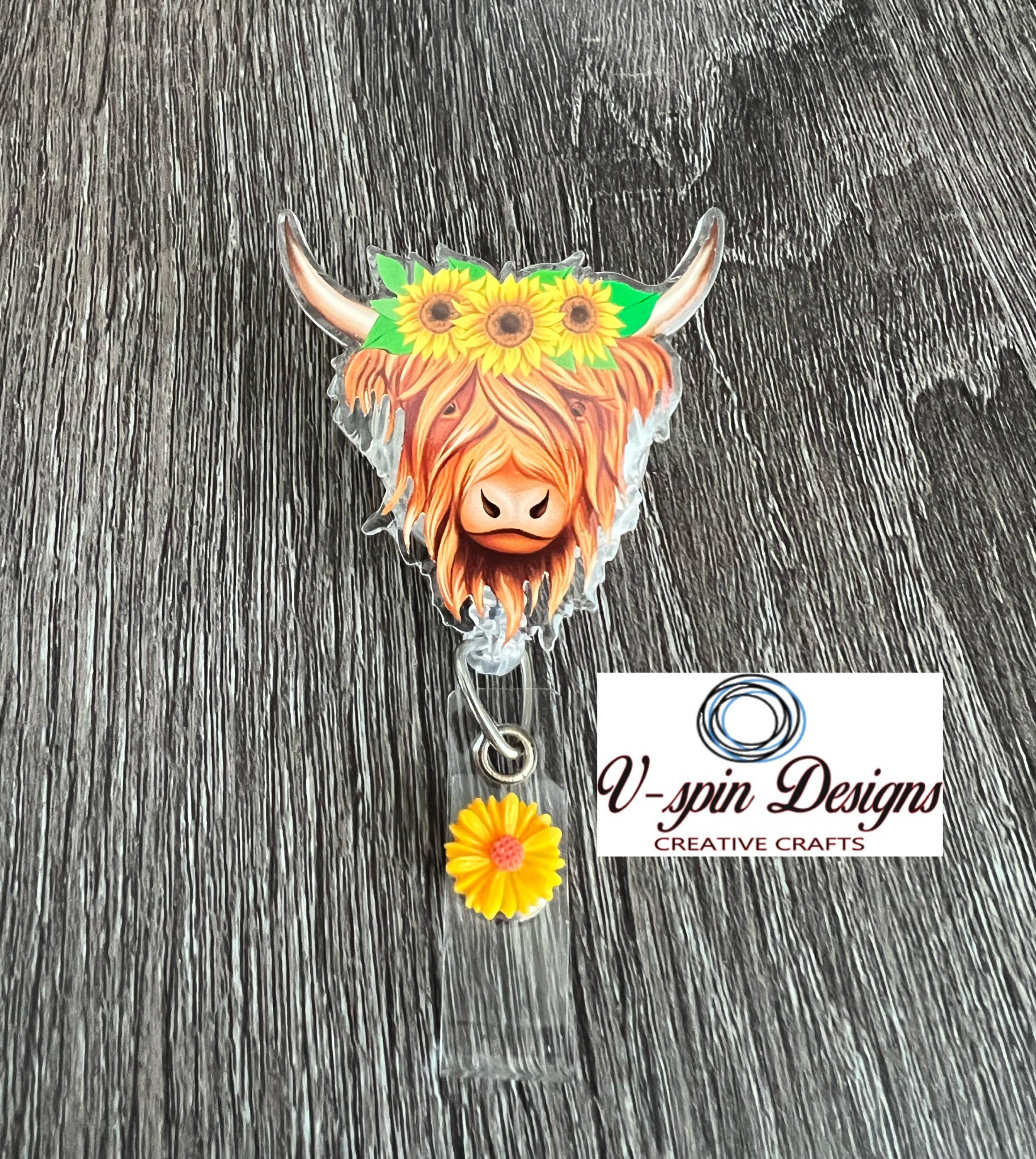 Highland Cow Sunflowers Badge Reel | Retractable Acrylic ID Holder