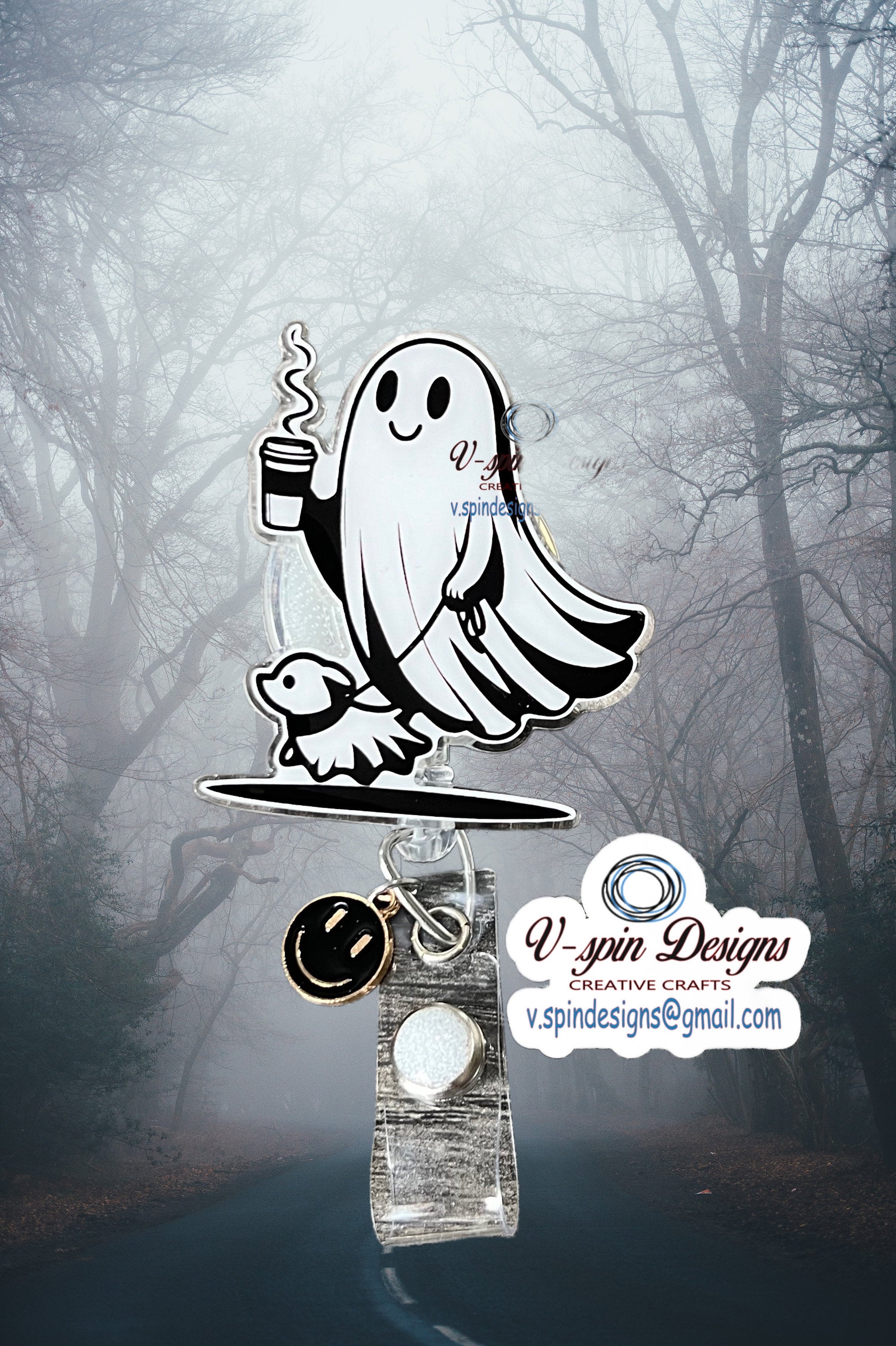 Ghost Walking Dog Badge Reel: Funny Halloween Coffee Acrylic ID Holder