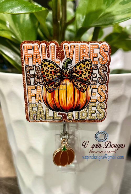 "Fall Vibes" Pumpkin Badge Reel | Orange Glitter Retractable Acrylic ID Holder