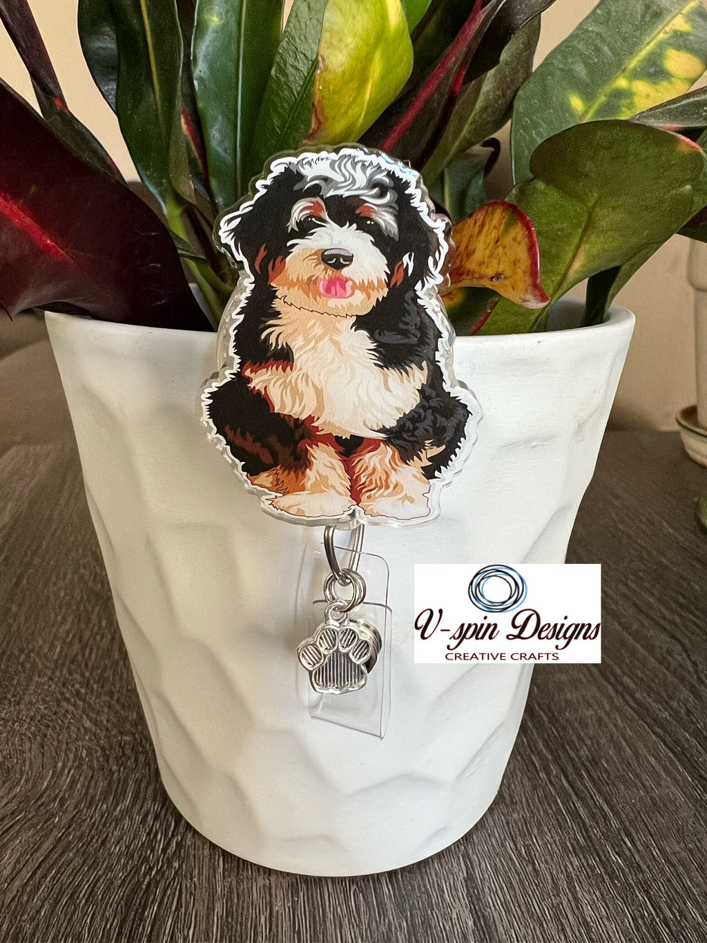 Bernedoodle Dog Badge Reel: Interchangeable ID Holder with Charm