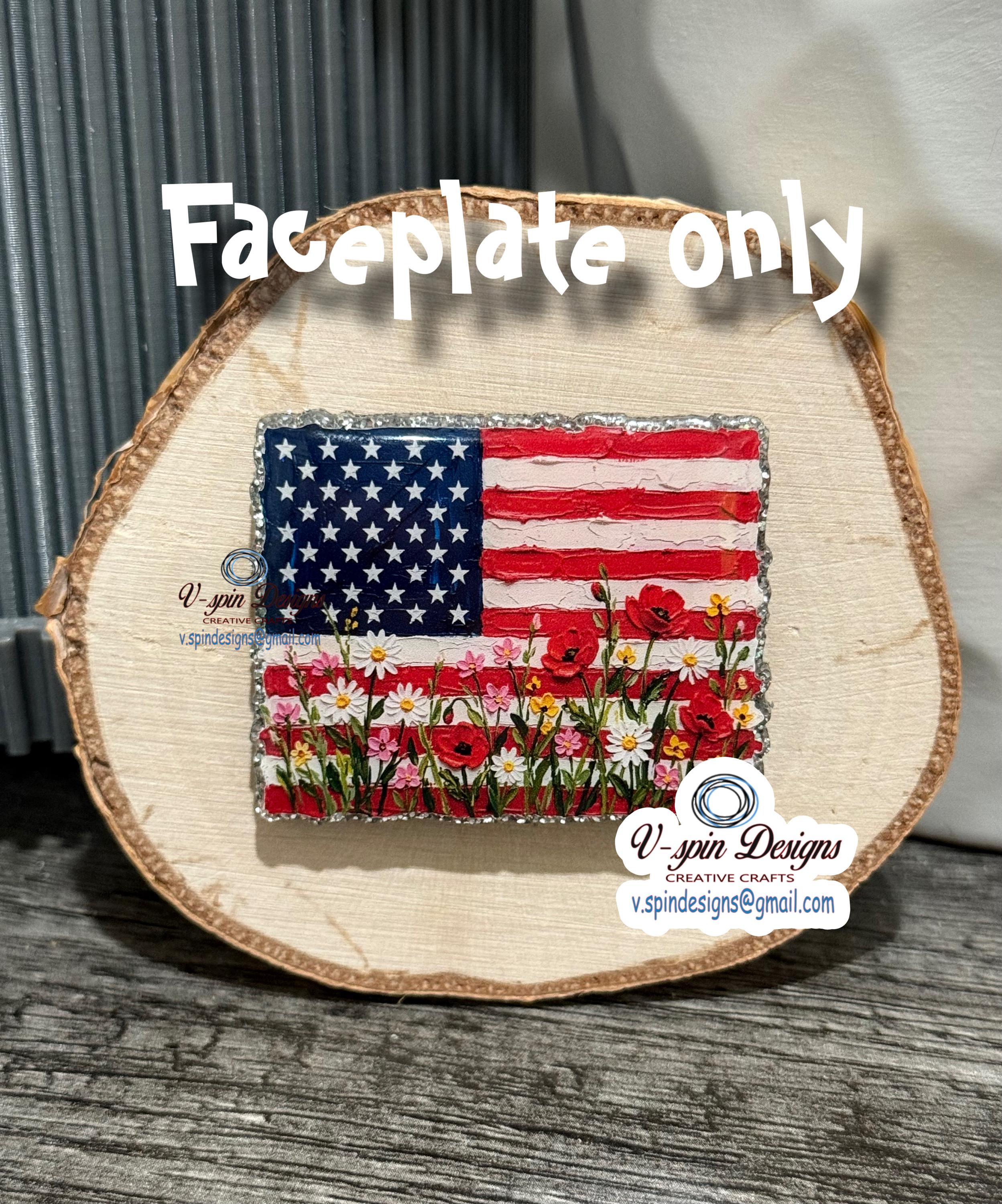 USA Flag Painted Flower Badge Reel | Patriotic Silver Glitter Retractable ID Holder