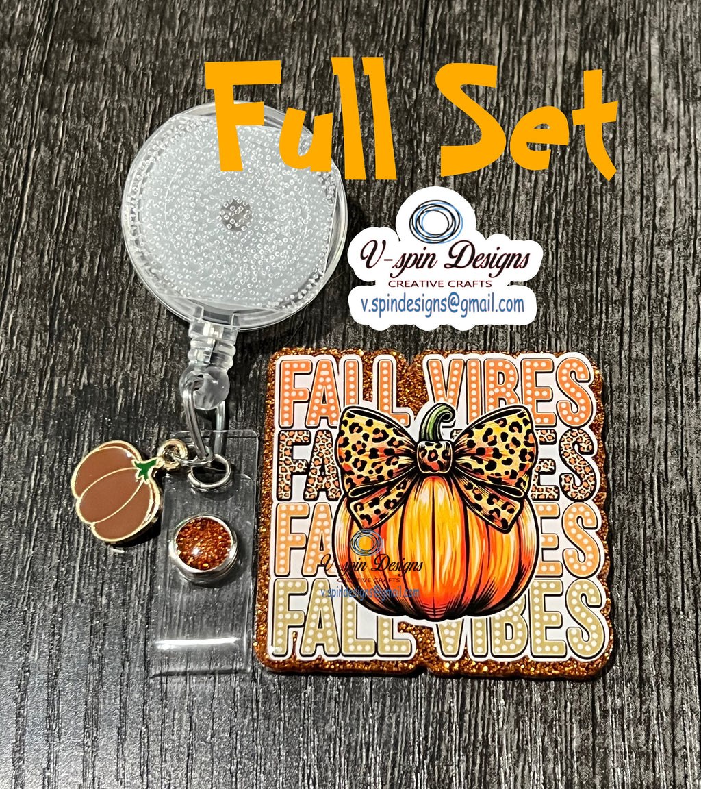 "Fall Vibes" Pumpkin Badge Reel | Orange Glitter Retractable Acrylic ID Holder
