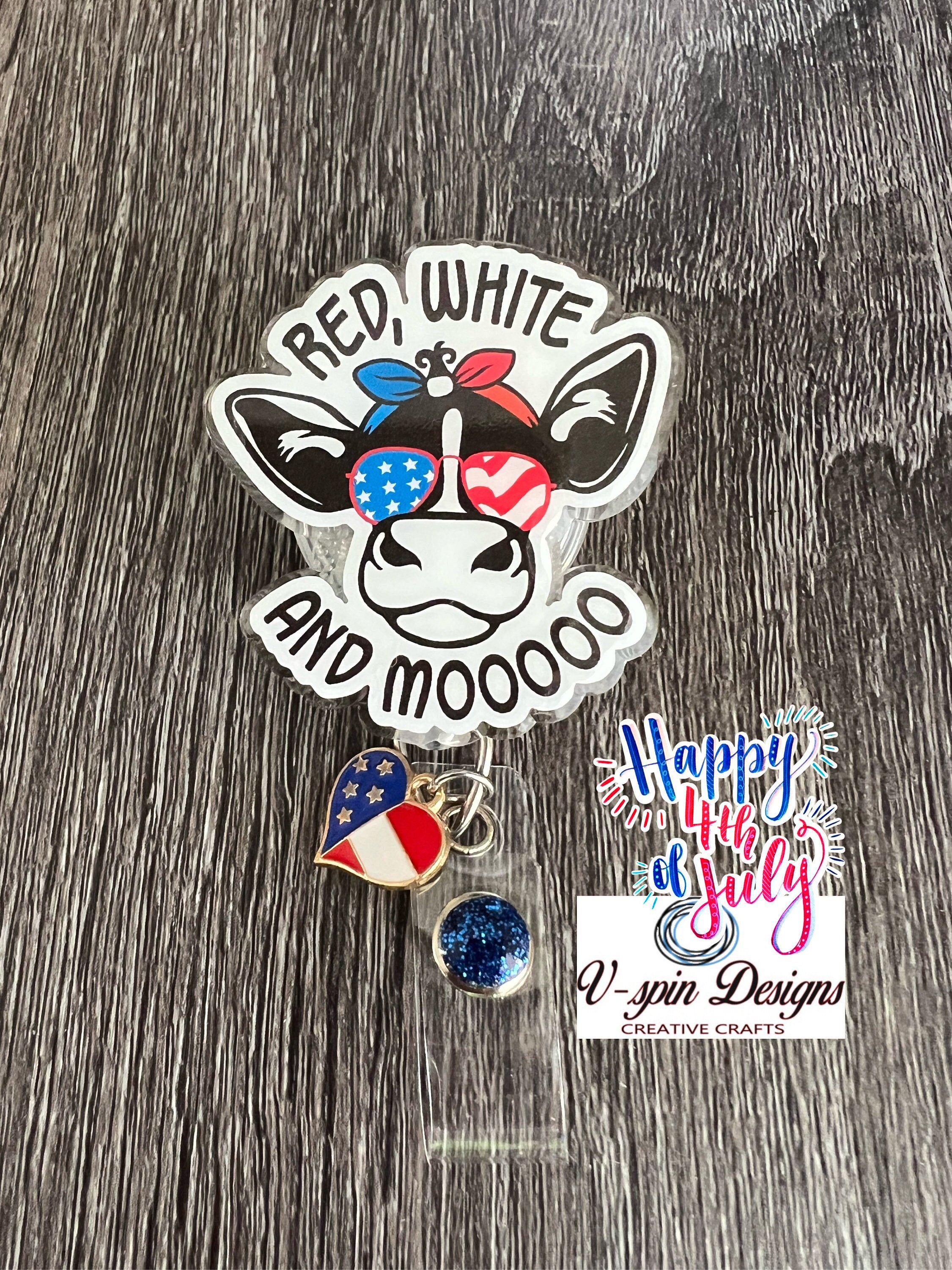 "Red, White & Mooo" Patriotic Cow Badge Reel | 4th of July Retractable ID Holder