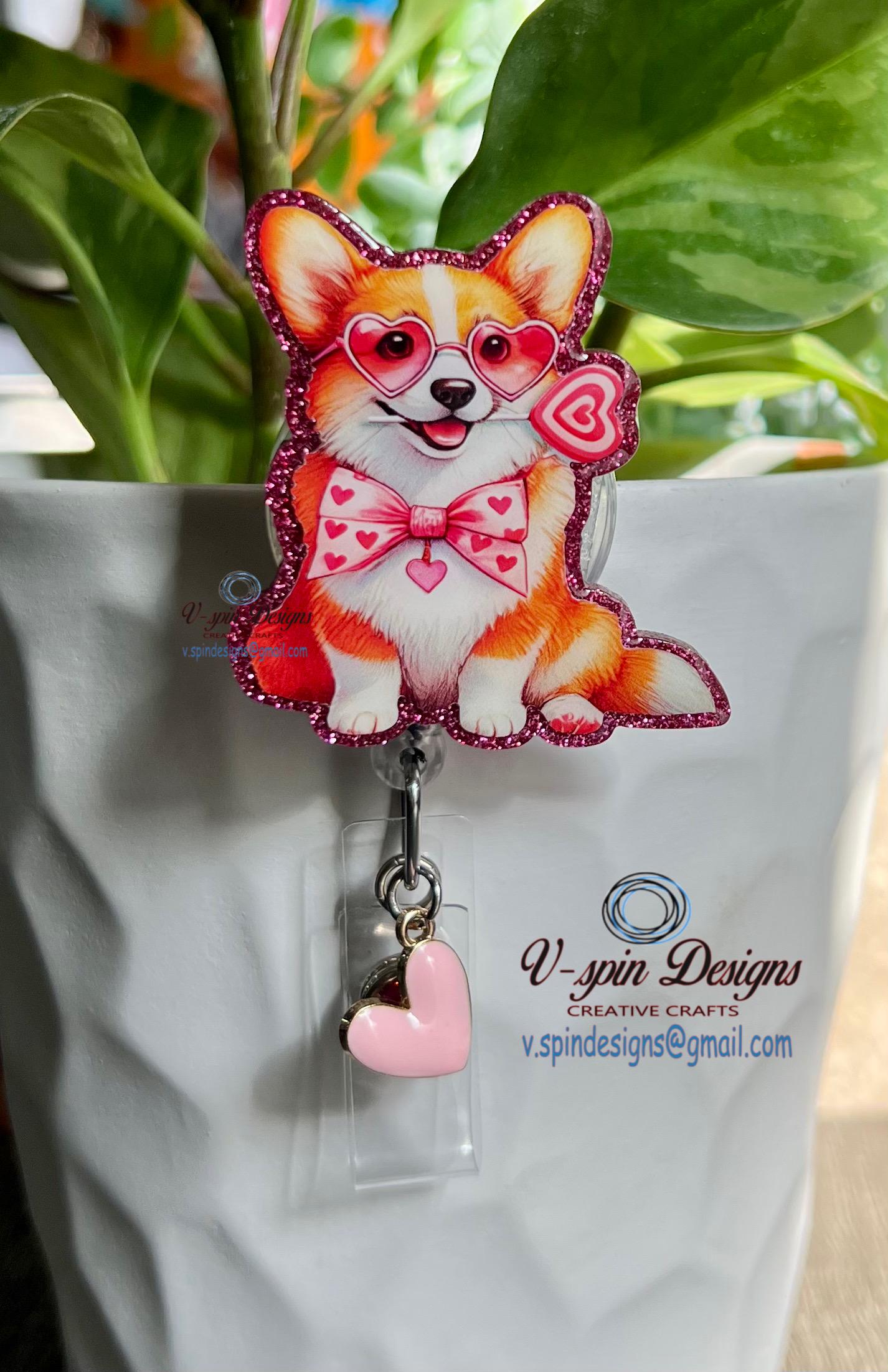 Corgi Valentine's Day Badge Reel | Pink Glitter Retractable Acrylic ID Holder