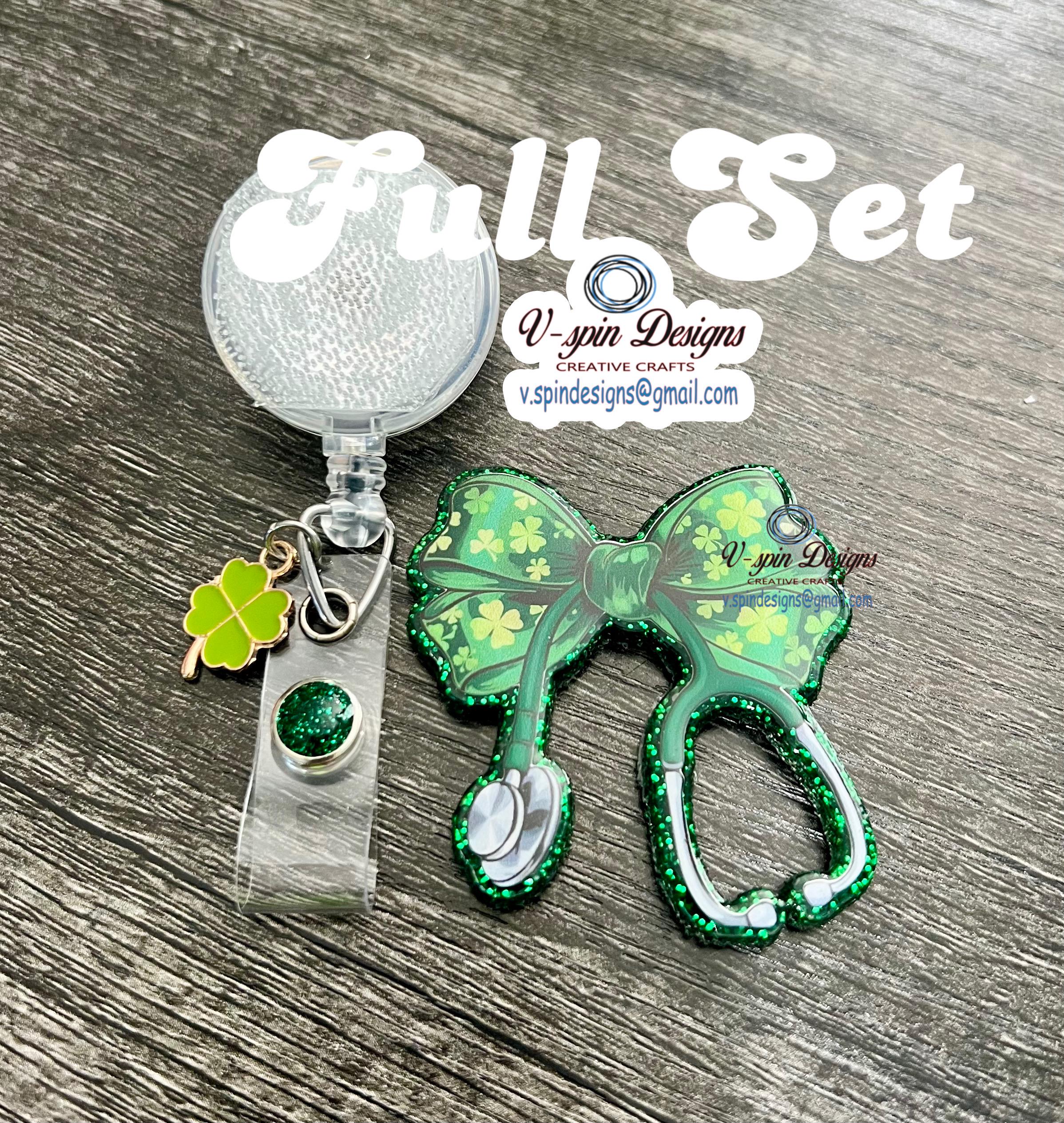 Lucky Stethoscope Clover Bow Badge Reel | St. Patrick's Day Retractable ID Holder