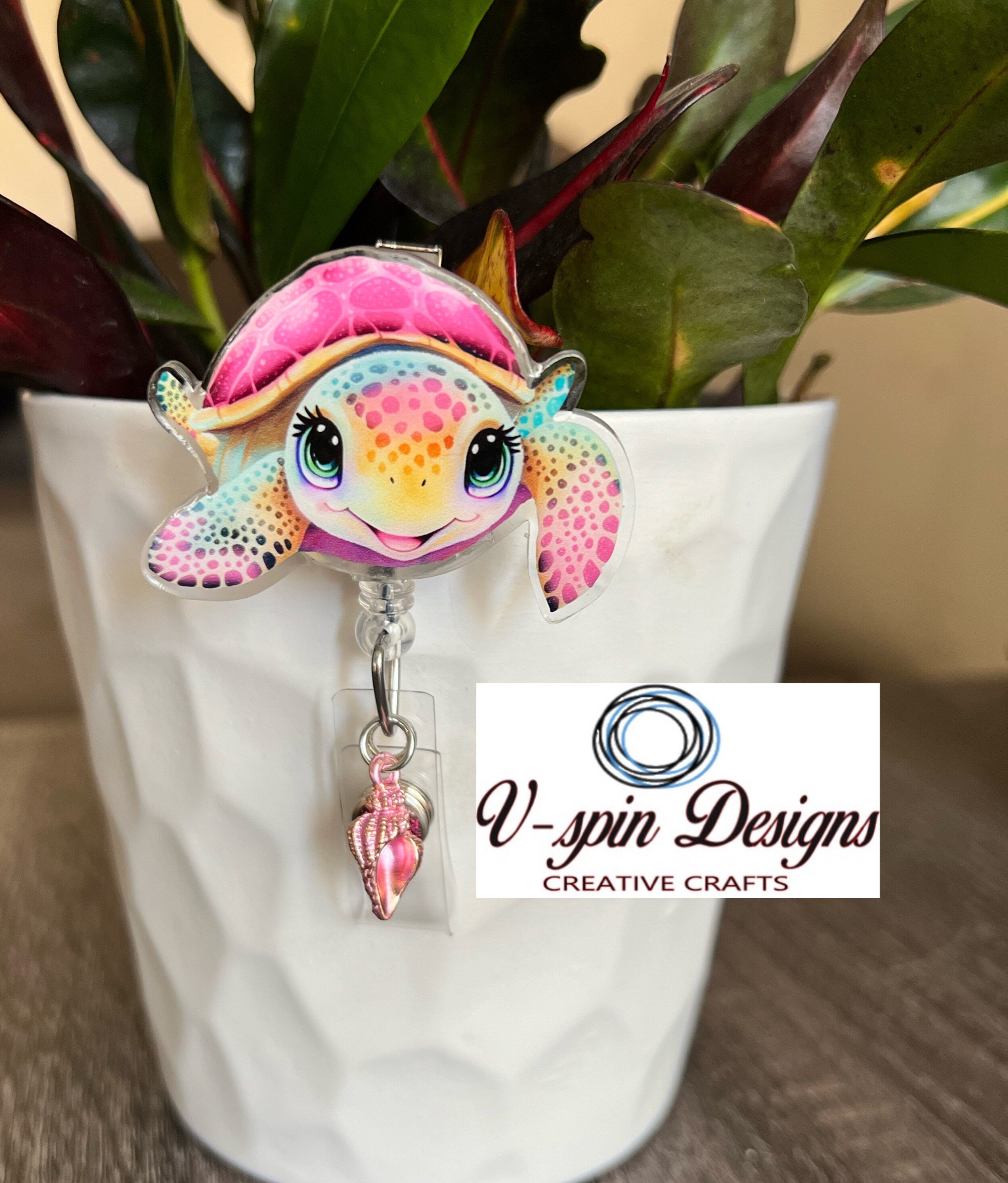 Pink Sea Turtle Badge Reel | Ocean Summer Retractable Acrylic ID Holder
