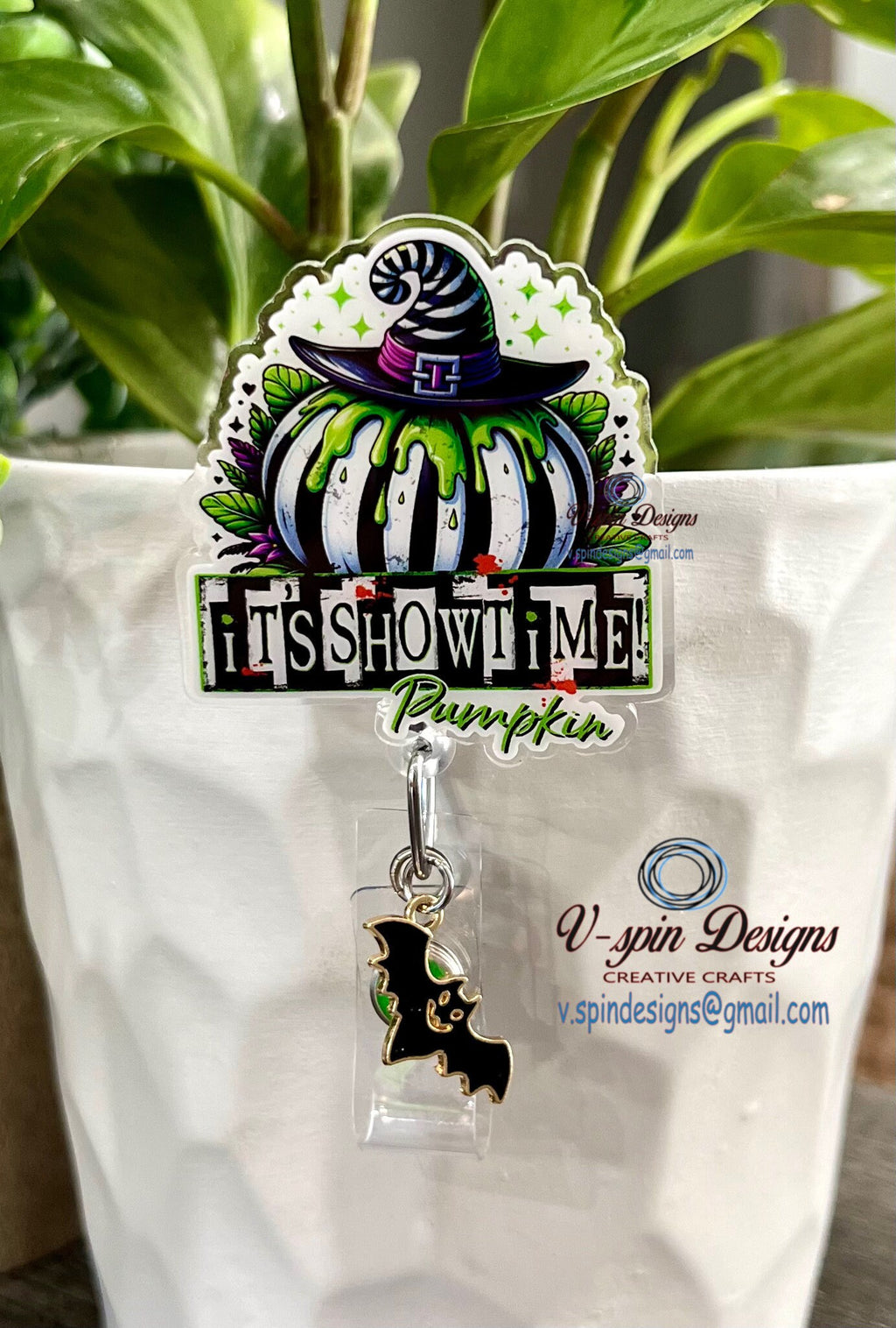"It's Showtime" Pumpkin Halloween Badge Reel | Spooky Retractable Acrylic ID Holder