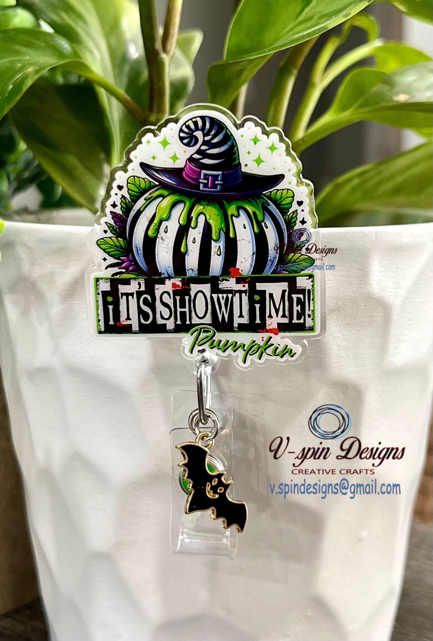 "It's Showtime" Pumpkin Halloween Badge Reel | Spooky Retractable Acrylic ID Holder