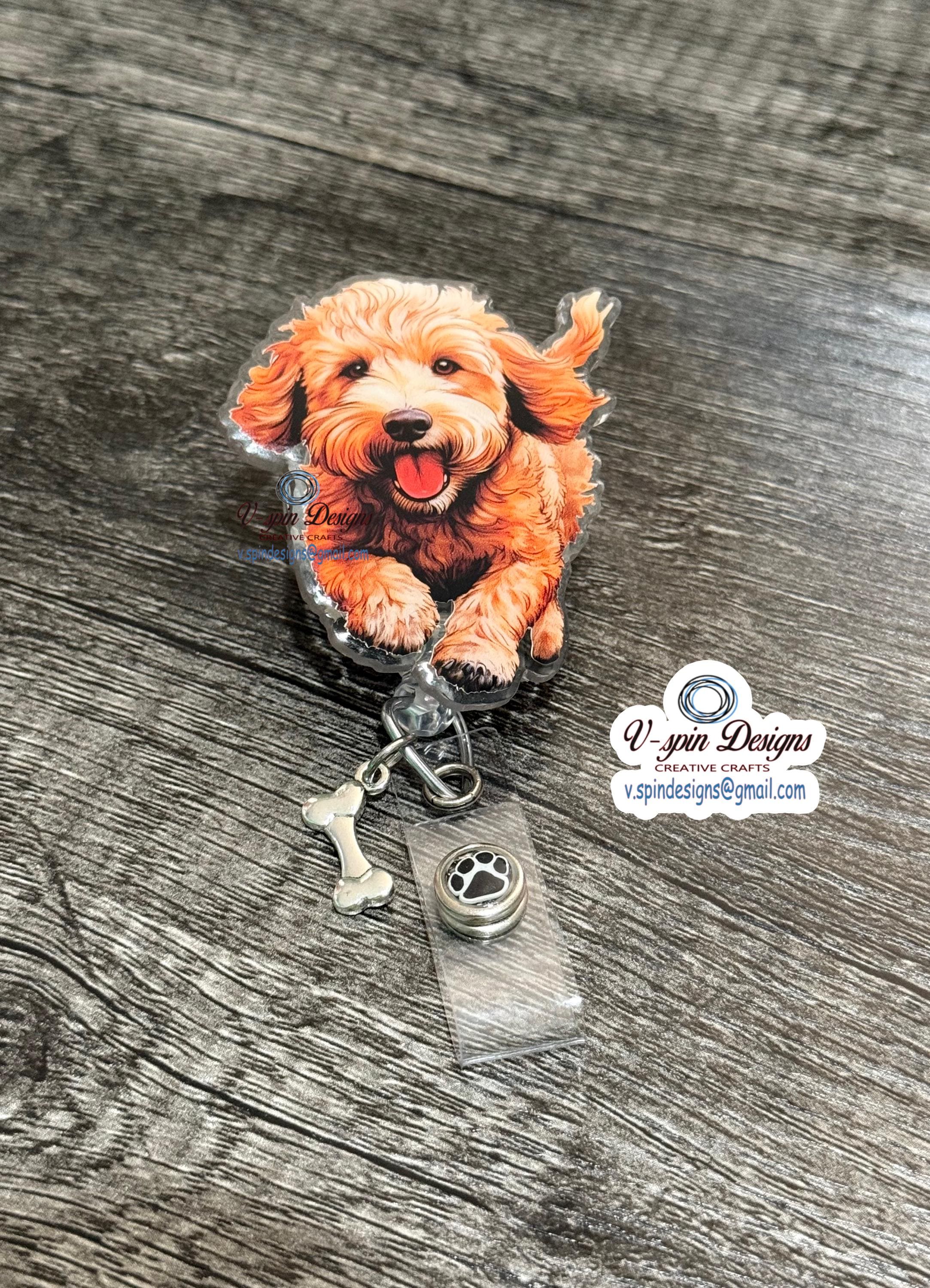 Golden Doodle Puppy Badge Reel | Retractable Acrylic ID Holder for Dog Lovers