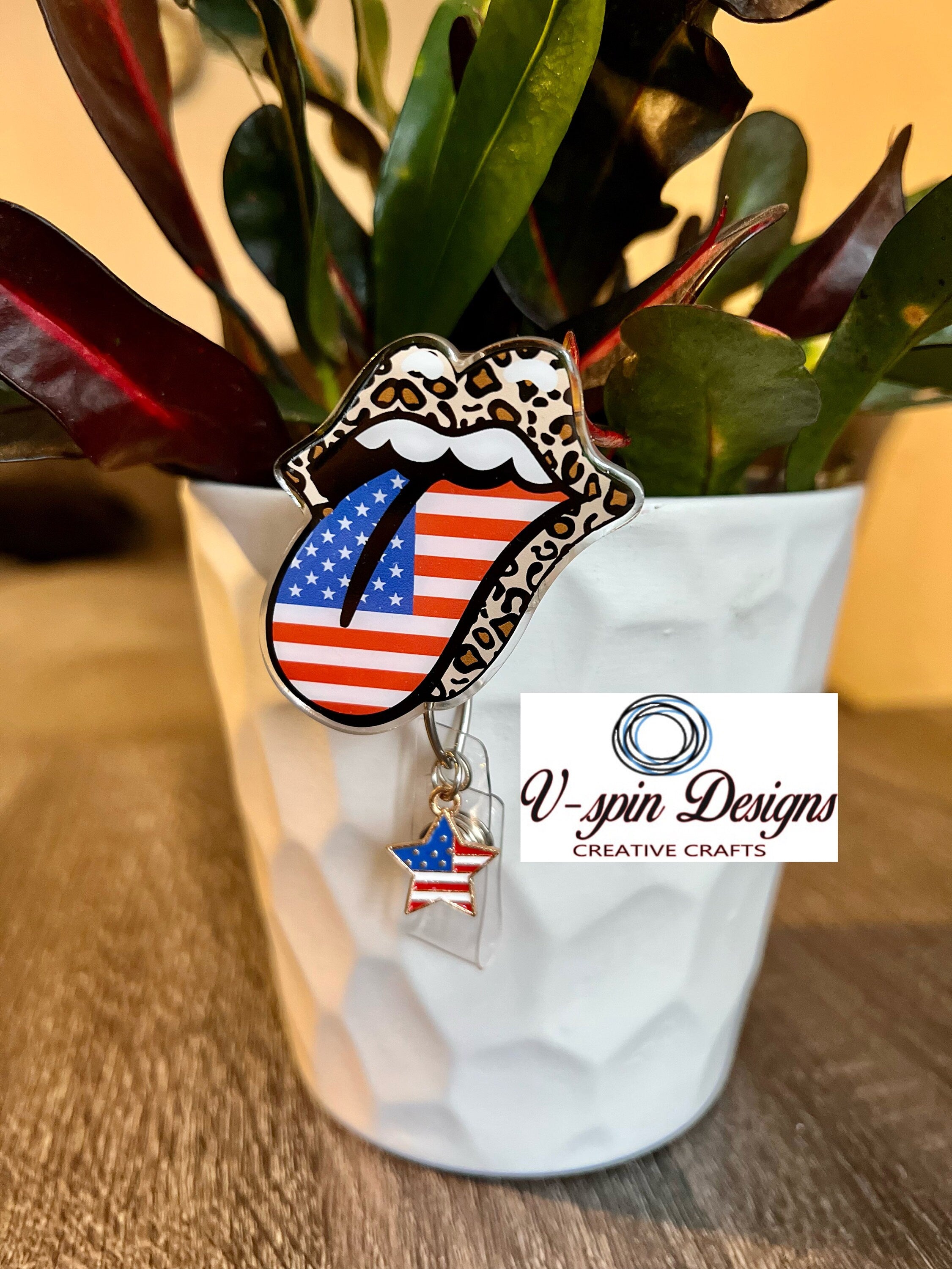 Patriotic Tongue & Lips Badge Reel | 4th of July Retractable Acrylic ID Holder