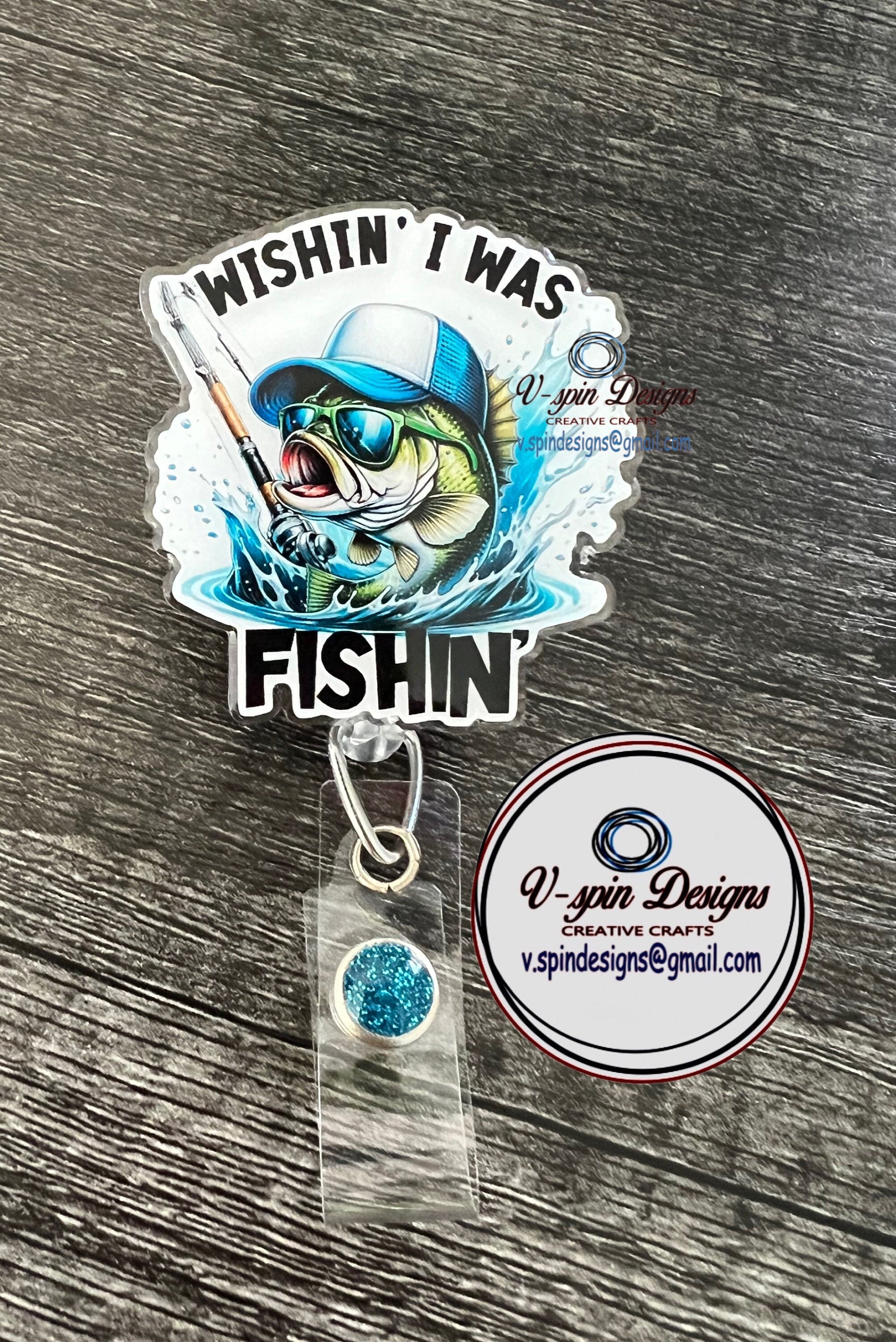 Wishin I was Fishin bass badge reel/ID Holder/nurses/teachers/bass/fishing badge reels