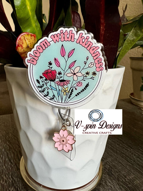 "Bloom with Kindness" Badge Reel | Floral Retractable Acrylic ID Holder
