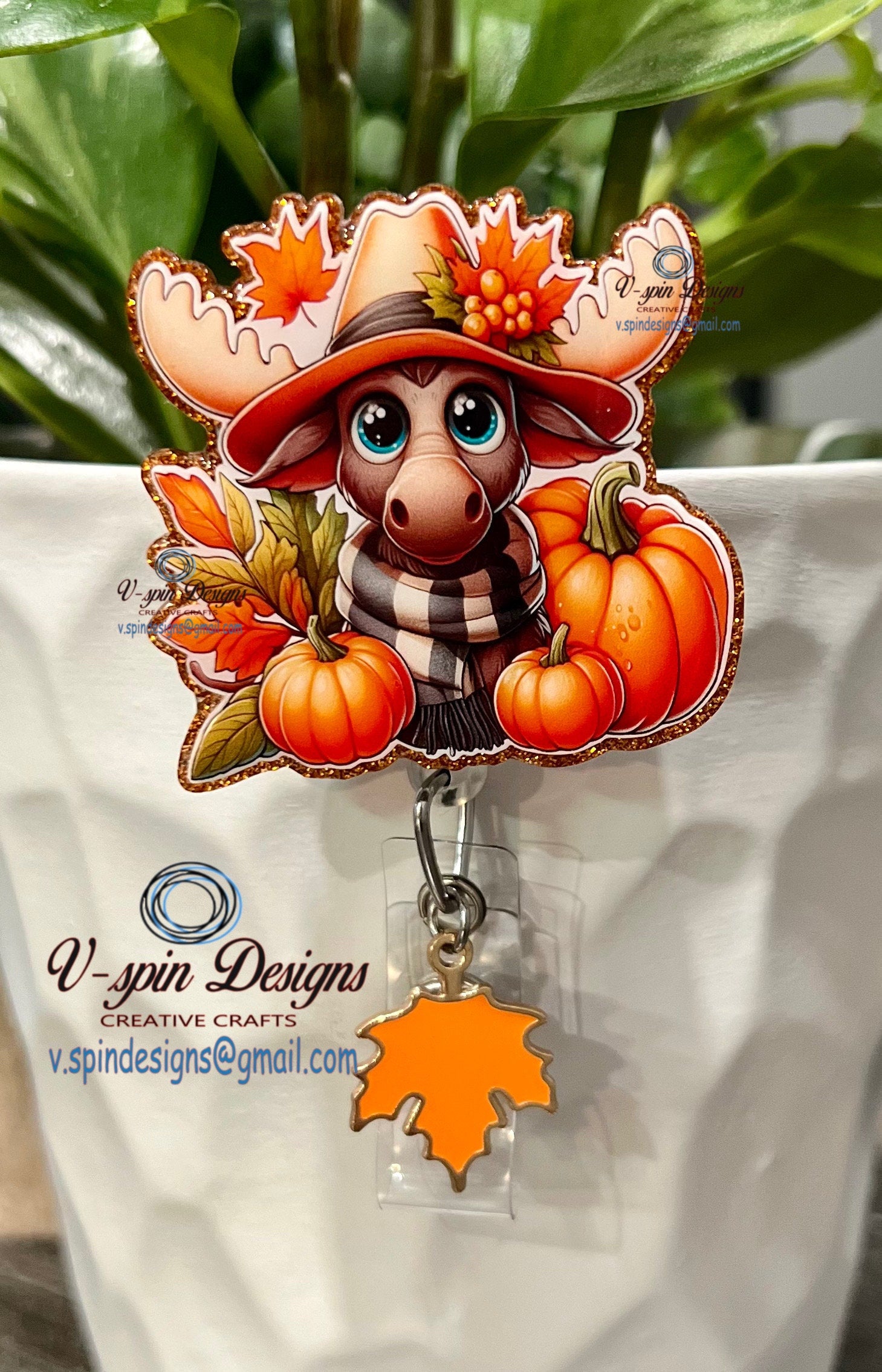 Fall Moose Badge Reel | Orange Glitter Retractable Acrylic ID Holder