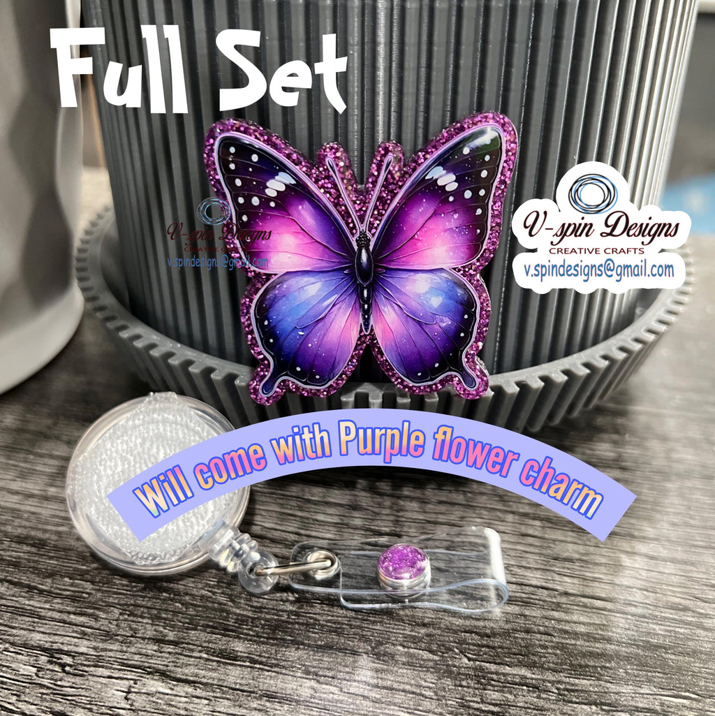 Purple Glitter Acrylic Butterfly Badge reel/ID Holder card holder/nurse/teachers/butterfly badge topper