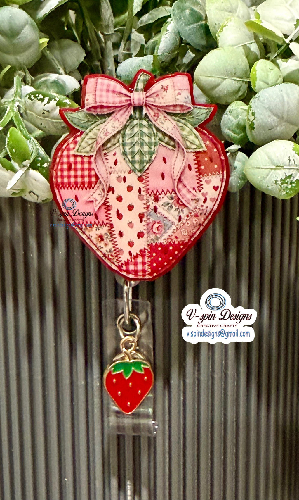Strawberry Patchwork Badge Reel | Retractable Acrylic ID Holder